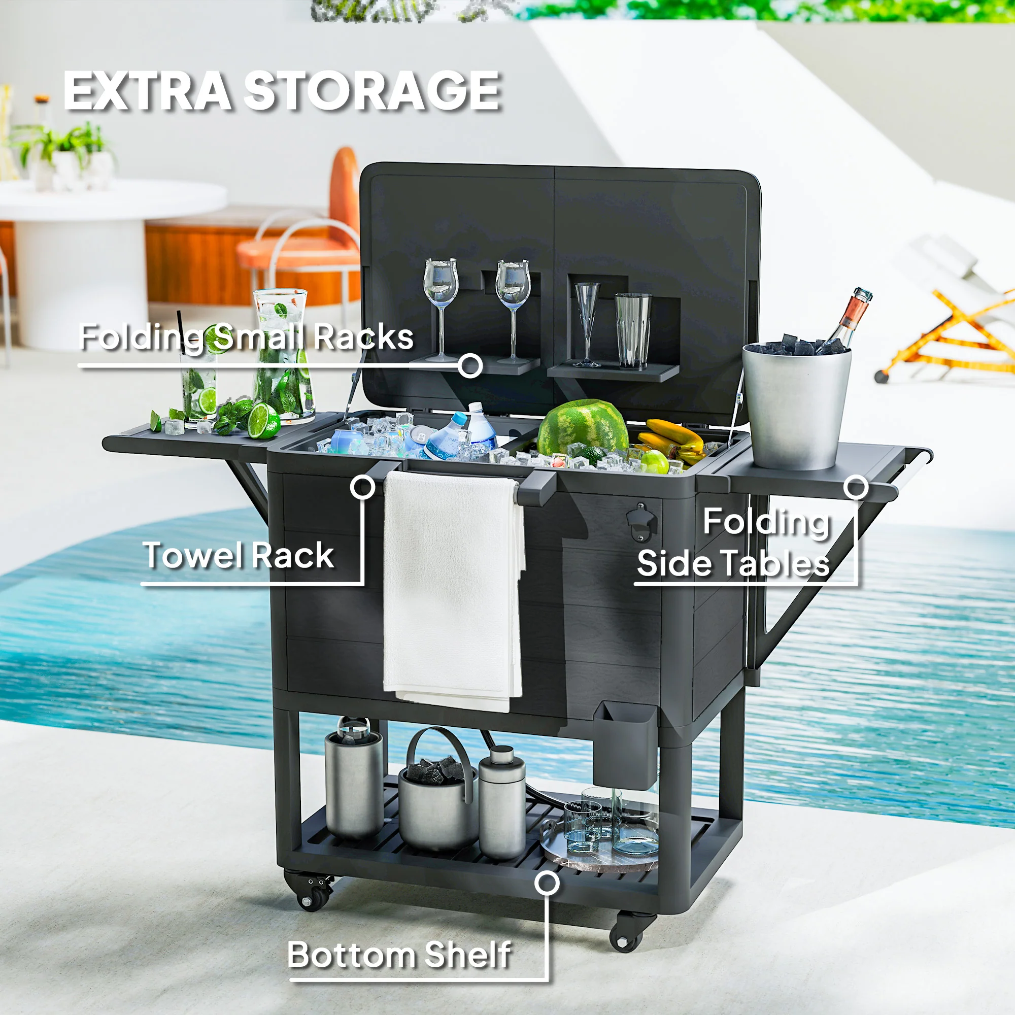 104 Quart Patio Cooler with Wheels and Bottle Opener, Black - Image 8