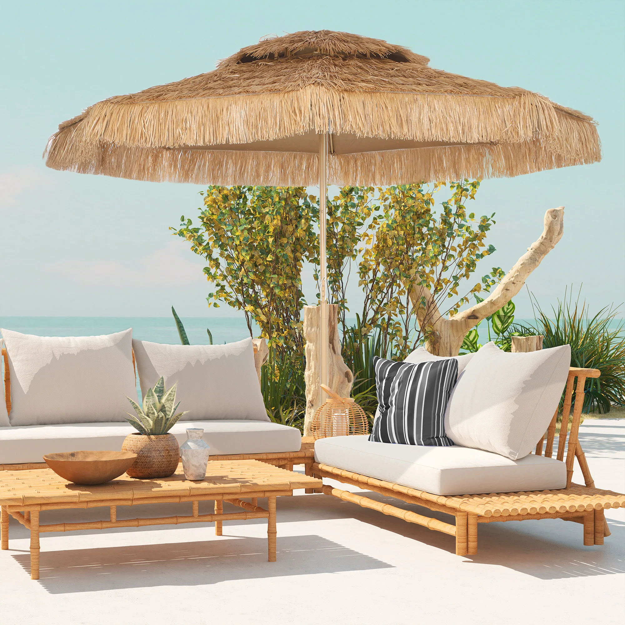 10FT Hula Thatched Tiki Patio Umbrella with 2-Tier Canopy, Natural - Image 3