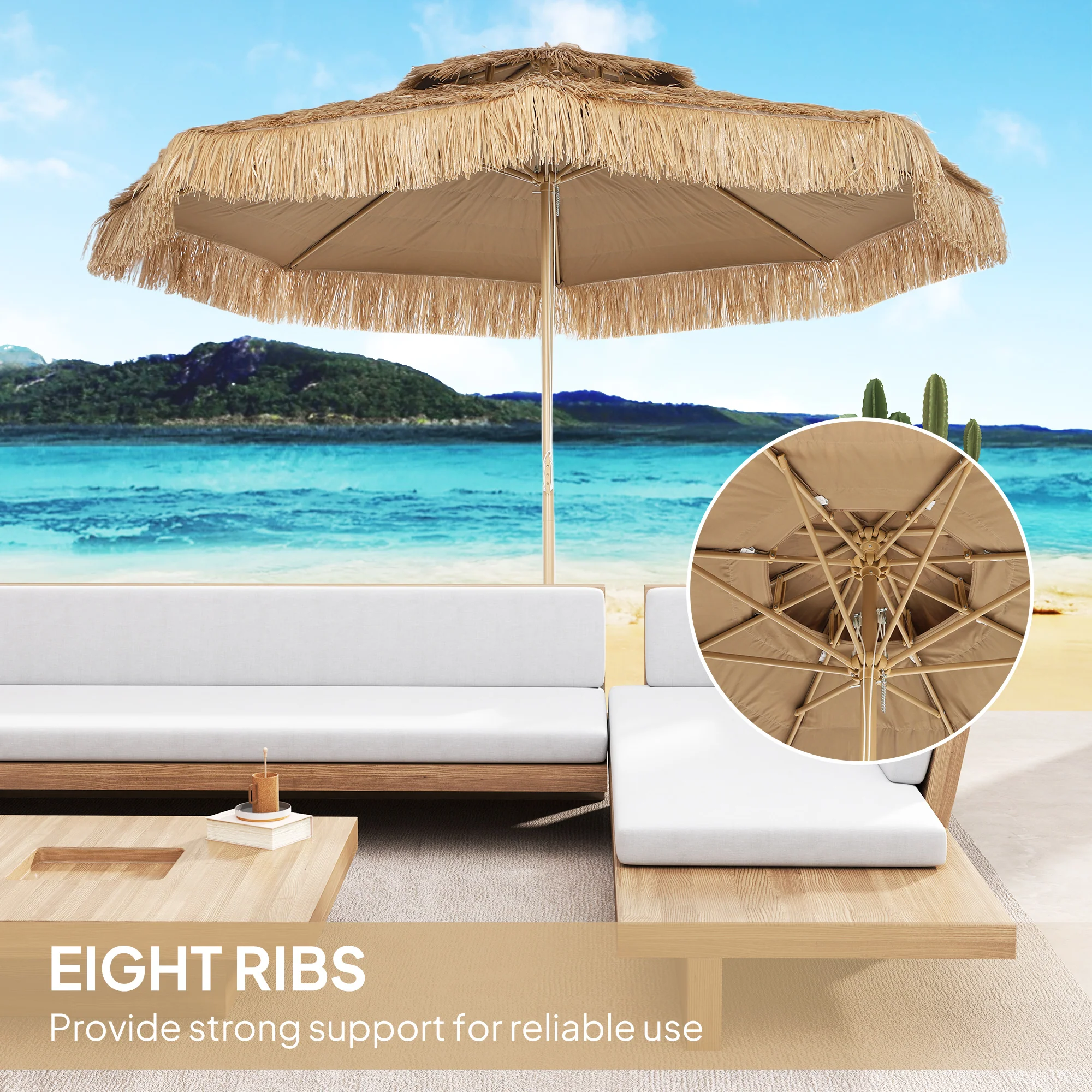 10FT Hula Thatched Tiki Patio Umbrella with 2-Tier Canopy, Natural - Image 9