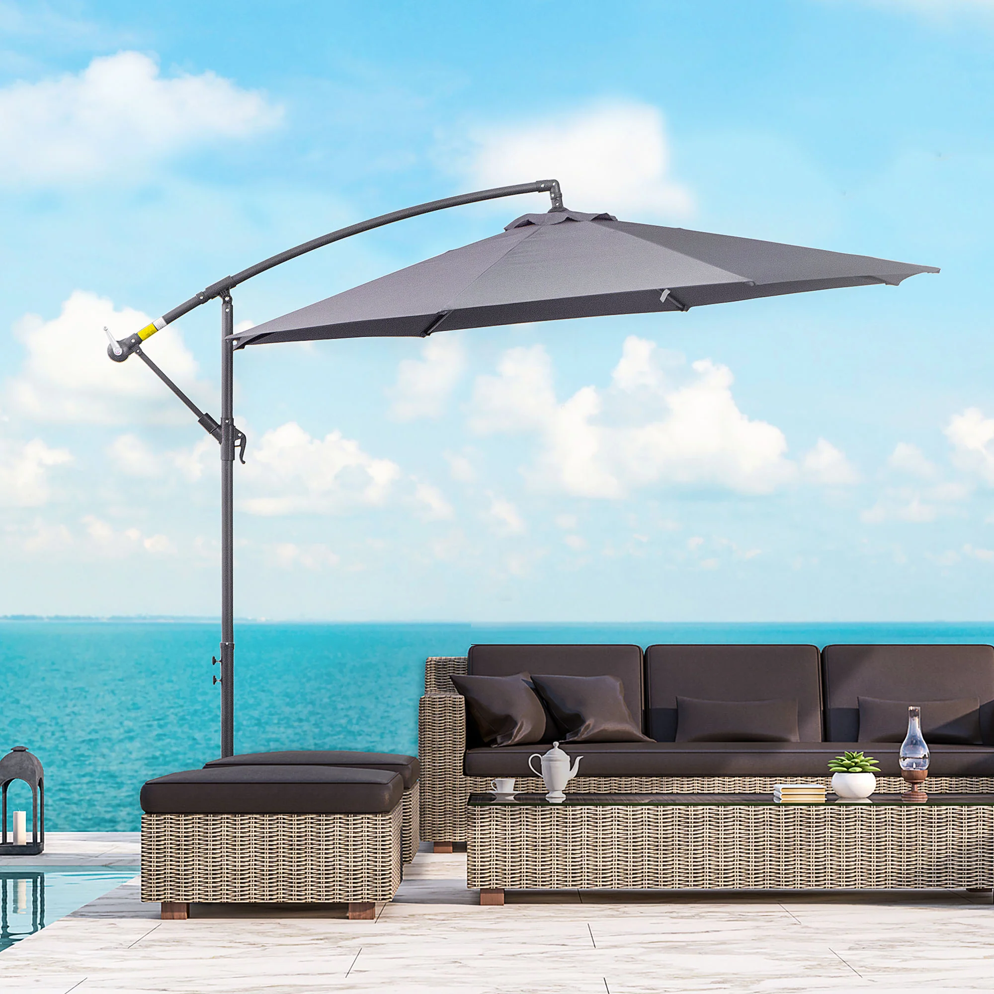 10' Offset Cantilever Patio Umbrella with Base & Crank, Grey - Image 3