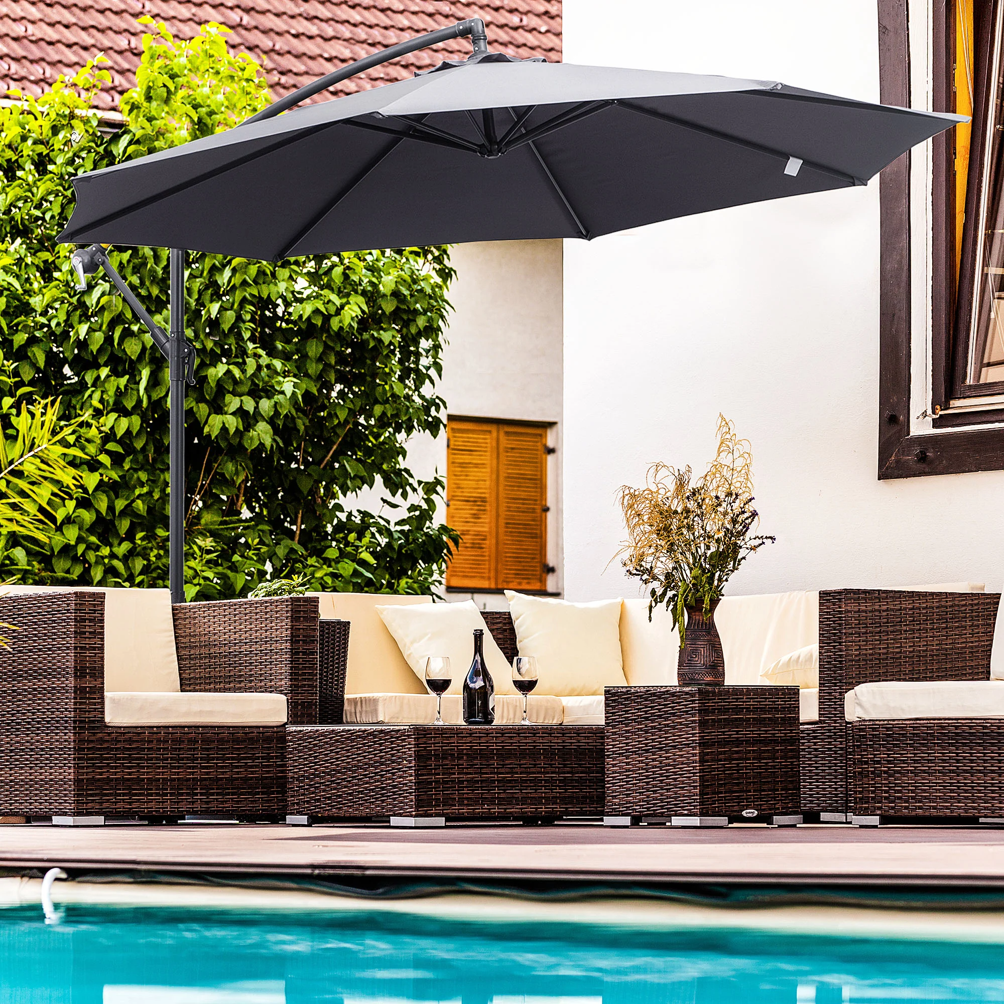10' Offset Cantilever Patio Umbrella with Base & Crank, Grey - Image 4