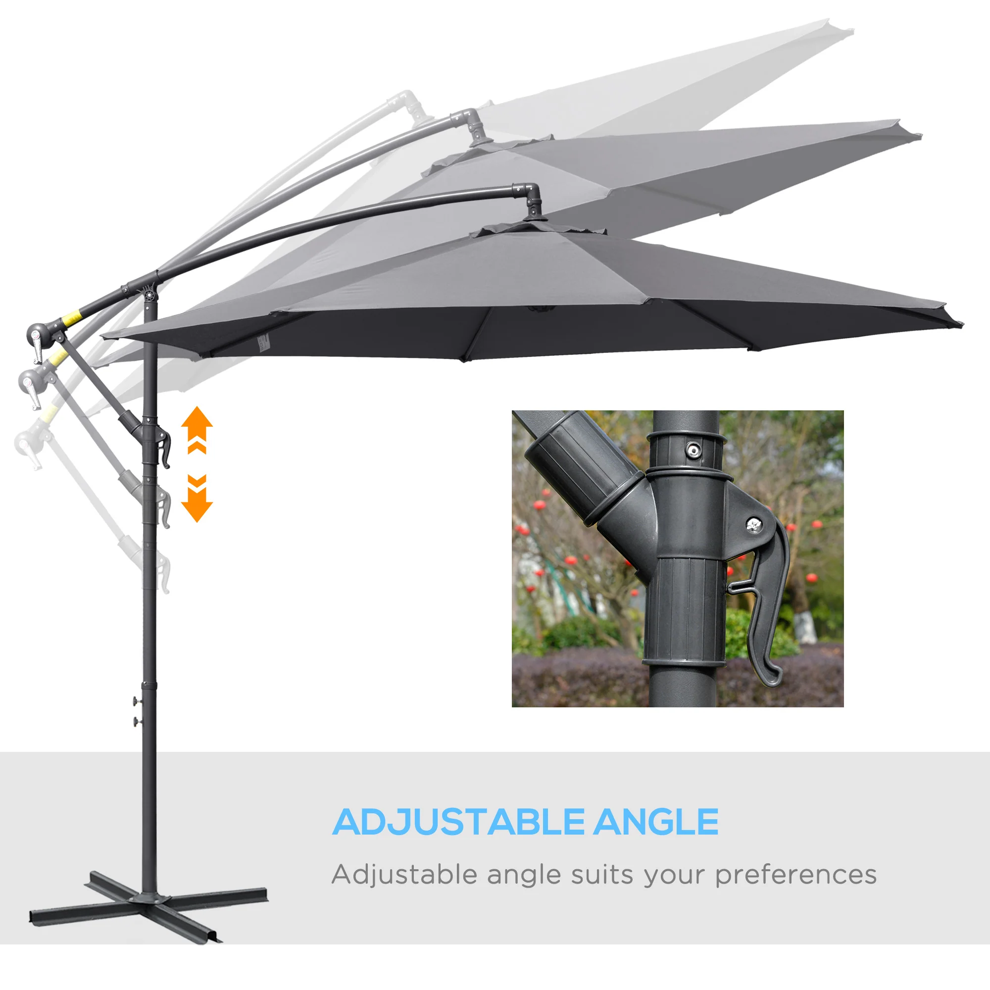 10' Offset Cantilever Patio Umbrella with Base & Crank, Grey - Image 7