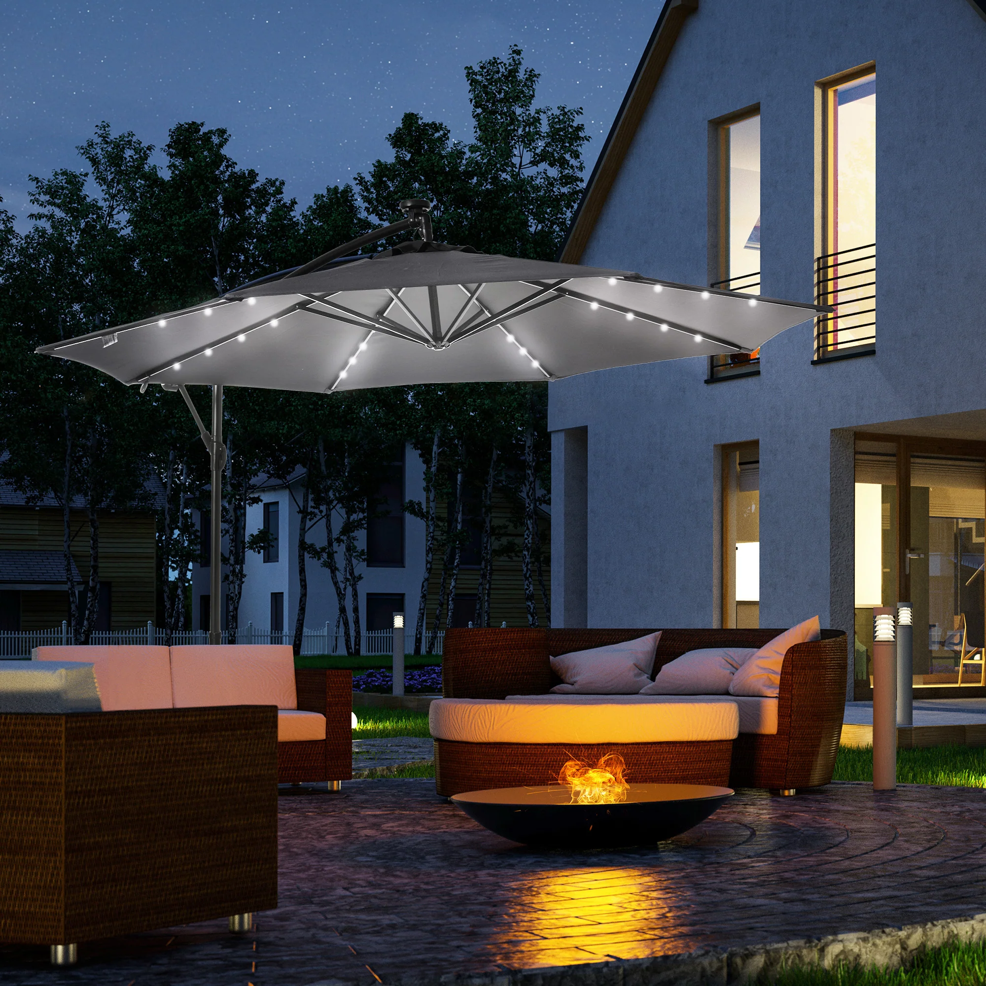 10' Solar Banana Umbrella with Lights & Adjustable Angle, Dark Gray - Image 4