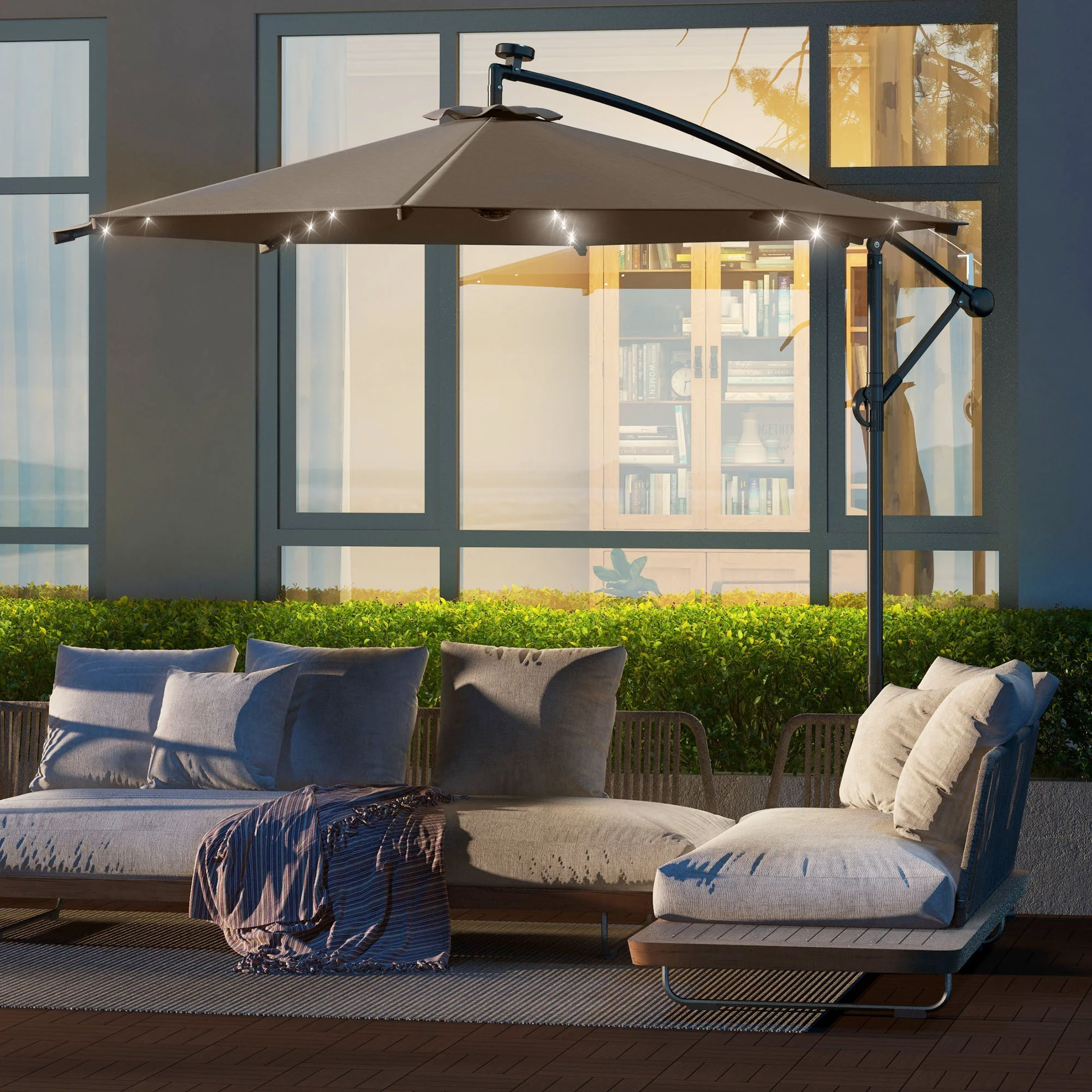 10' Solar Banana Umbrella with Lights & Adjustable Angle, Khaki - Image 4