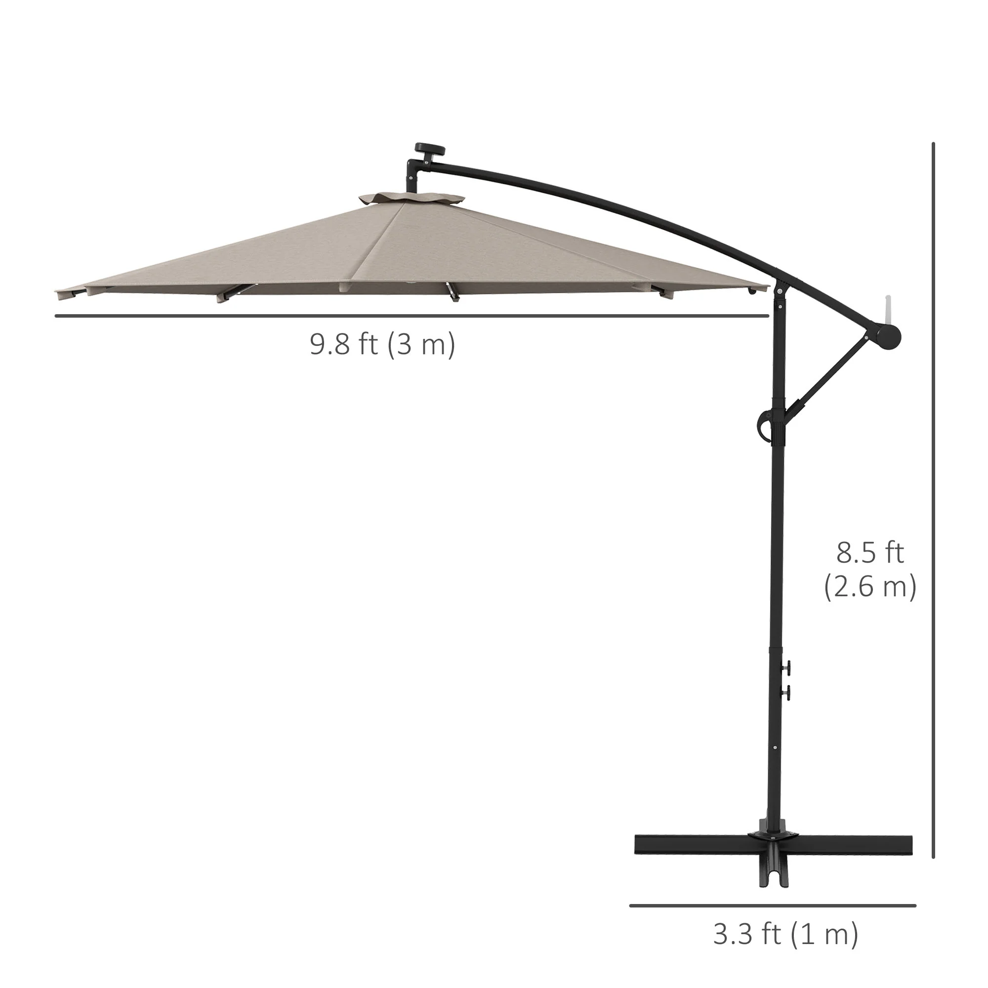 10' Solar Banana Umbrella with Lights & Adjustable Angle, Khaki - Image 5