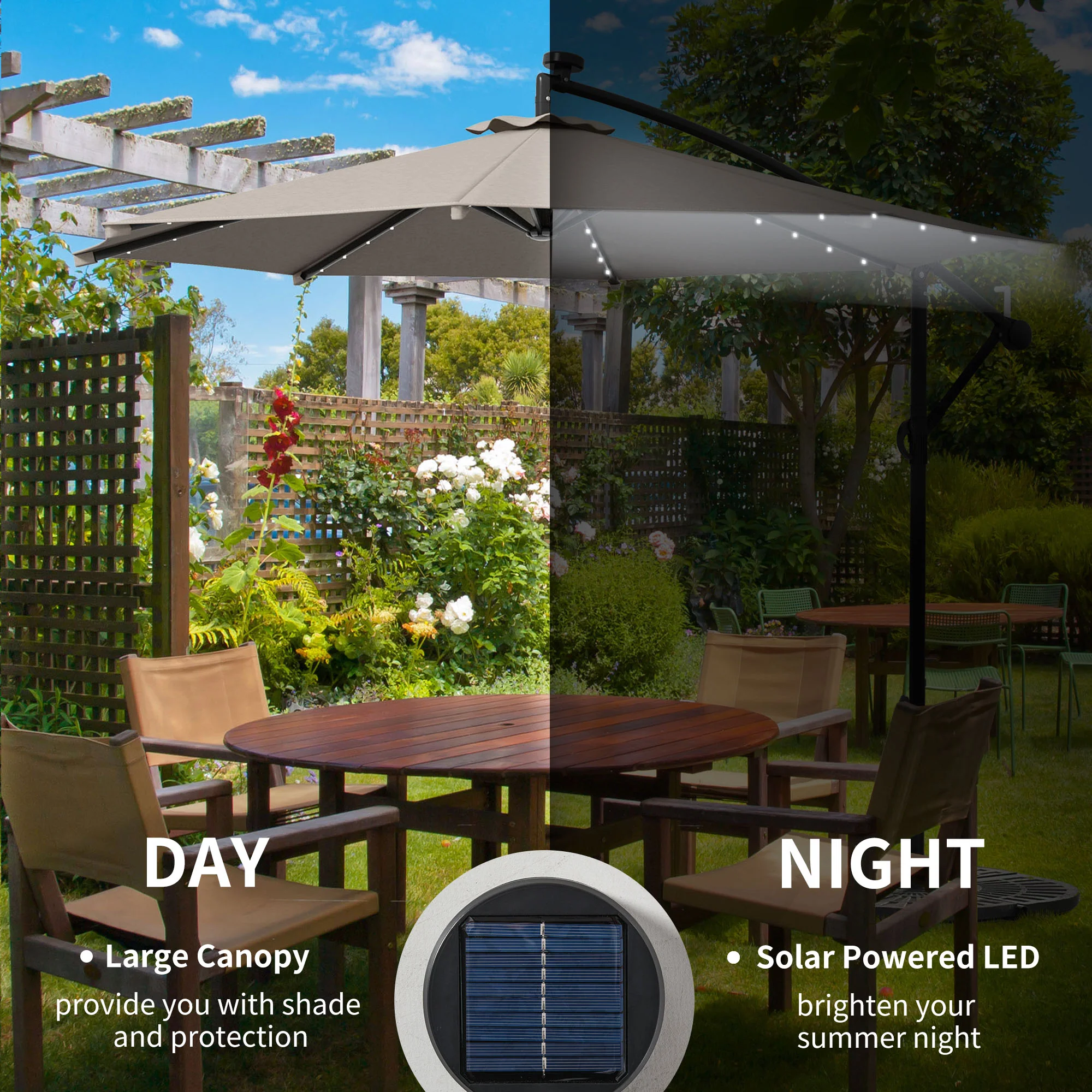 10' Solar Banana Umbrella with Lights & Adjustable Angle, Khaki - Image 6