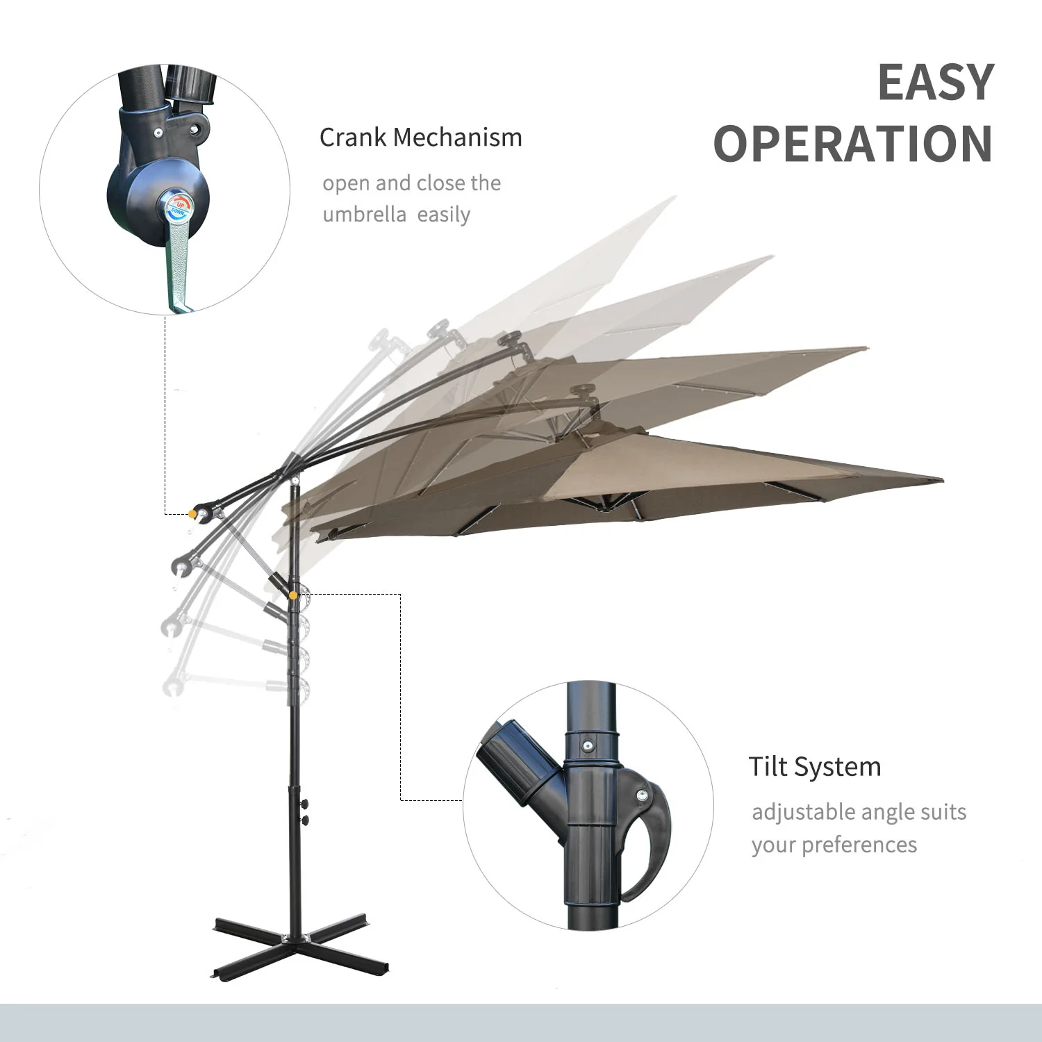 10' Solar Banana Umbrella with Lights & Adjustable Angle, Khaki - Image 7