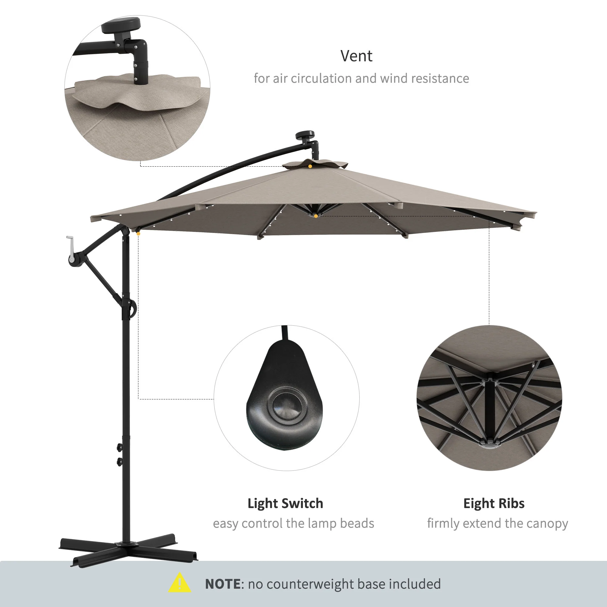 10' Solar Banana Umbrella with Lights & Adjustable Angle, Khaki - Image 8