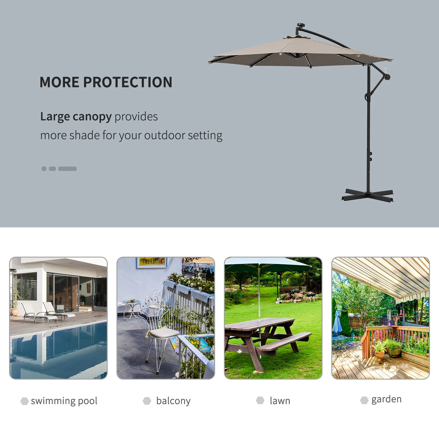 10' Solar Banana Umbrella with Lights & Adjustable Angle, Khaki - Image 9