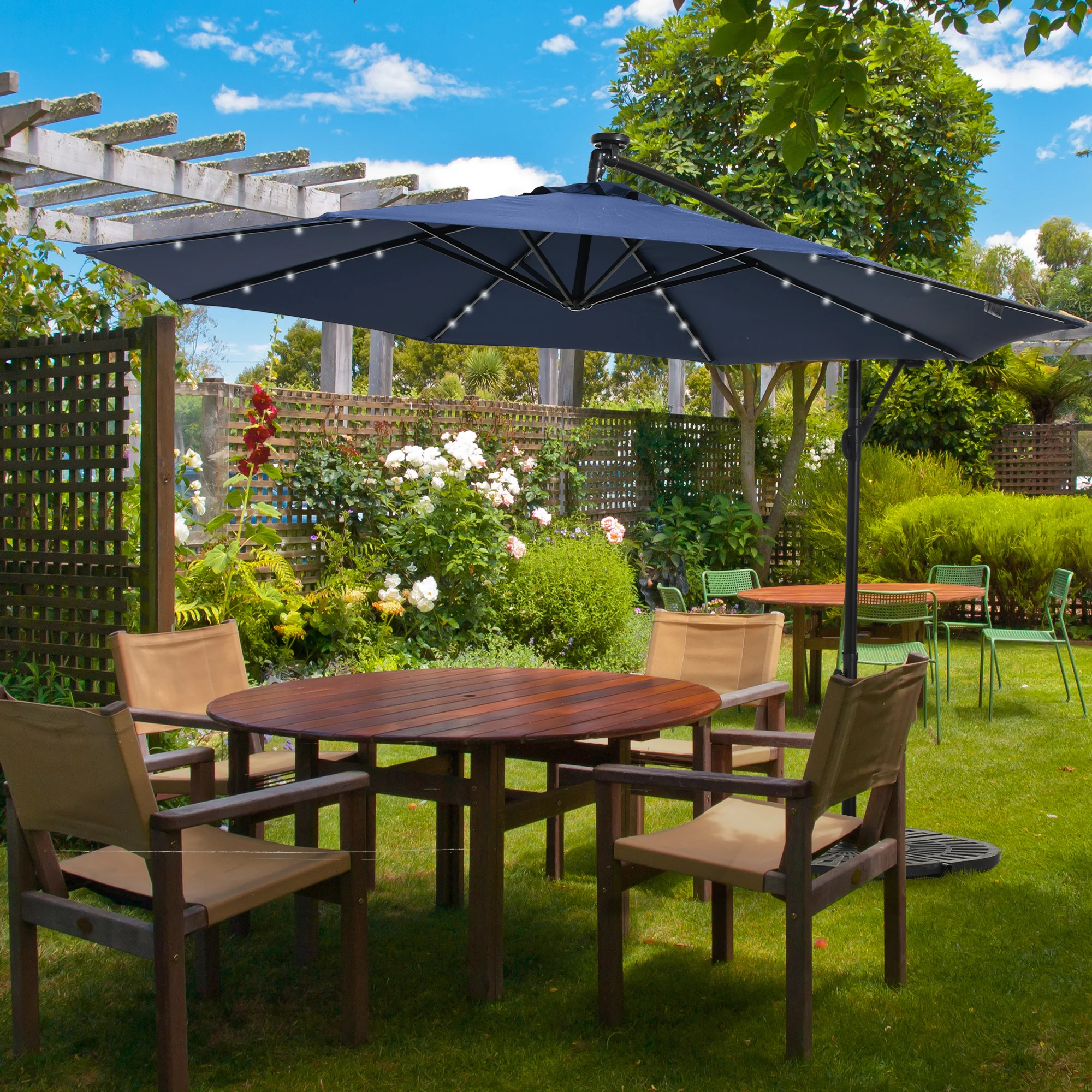 10' Solar Banana Umbrella with Lights & Adjustable Angle, Navy Blue - Image 10