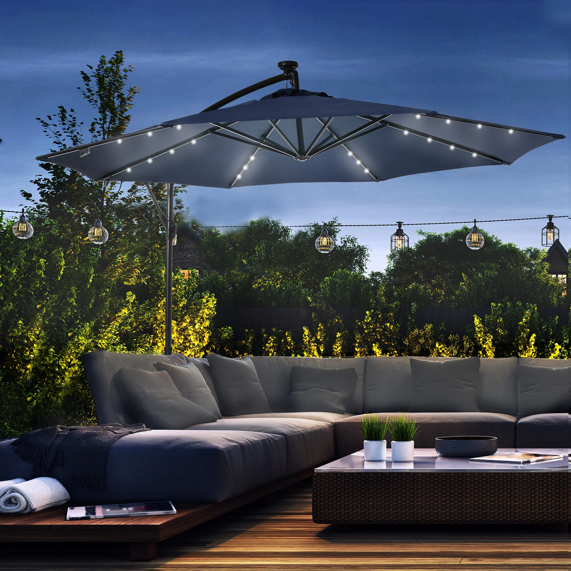 10' Solar Banana Umbrella with Lights & Adjustable Angle, Navy Blue - Image 3