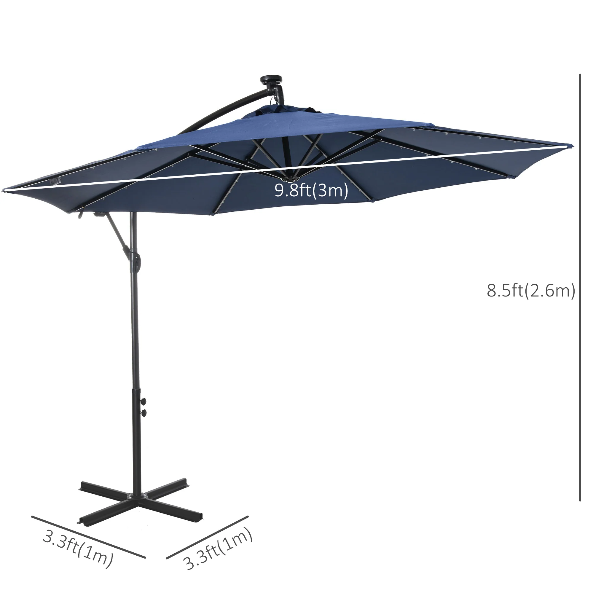10' Solar Banana Umbrella with Lights & Adjustable Angle, Navy Blue - Image 5
