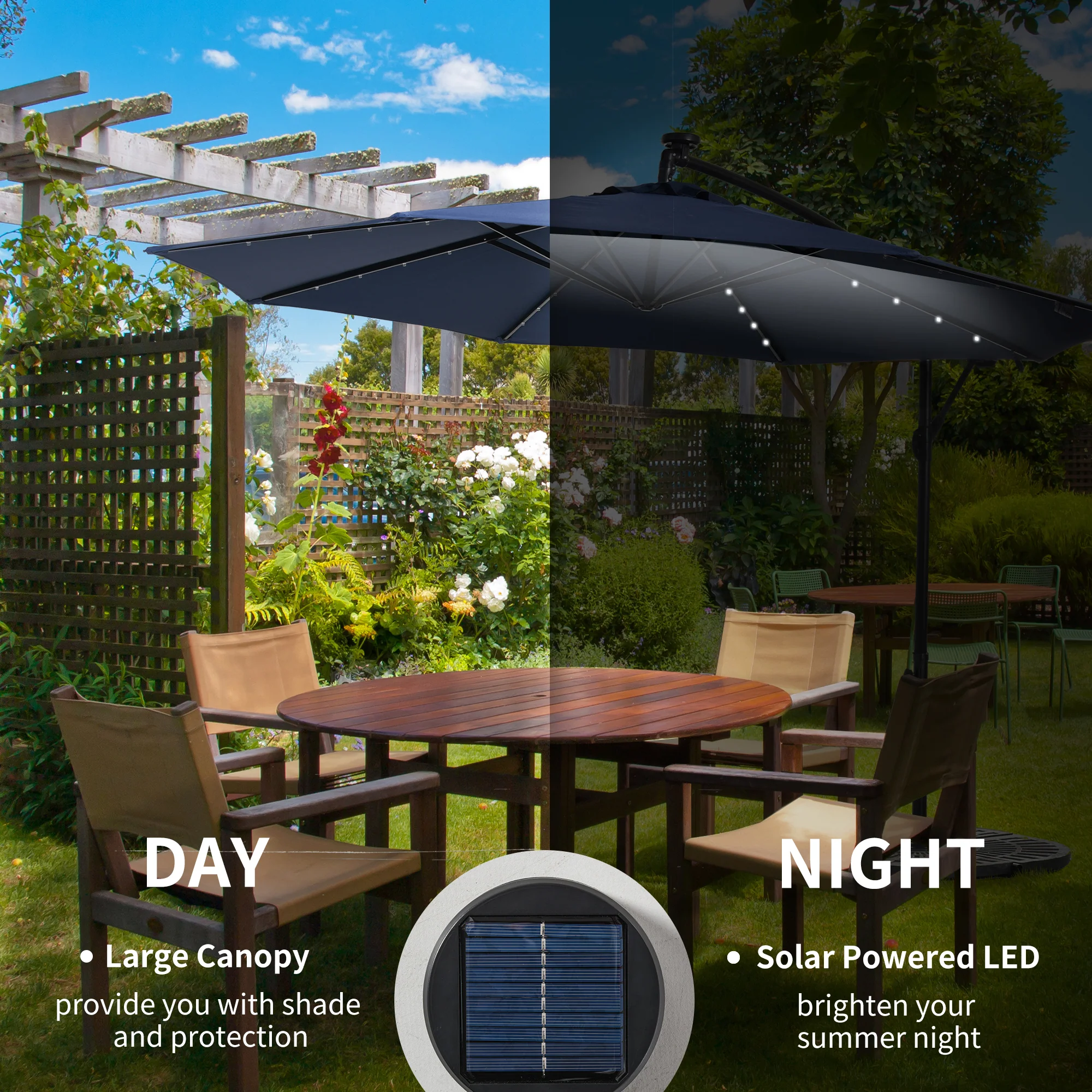10' Solar Banana Umbrella with Lights & Adjustable Angle, Navy Blue - Image 6