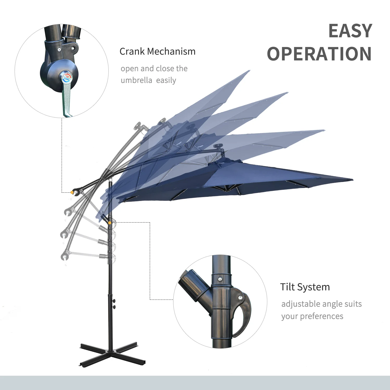 10' Solar Banana Umbrella with Lights & Adjustable Angle, Navy Blue - Image 7