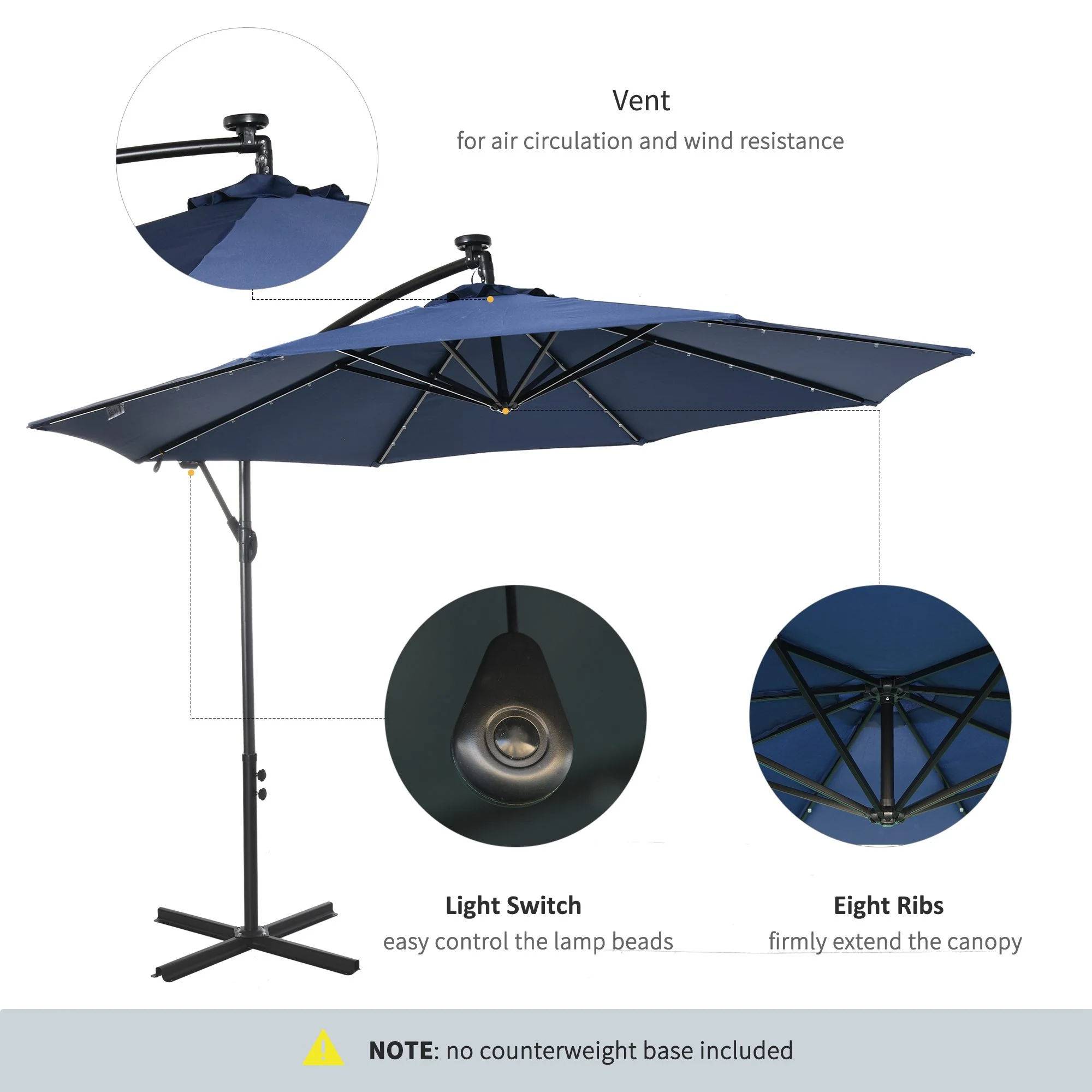 10' Solar Banana Umbrella with Lights & Adjustable Angle, Navy Blue - Image 8