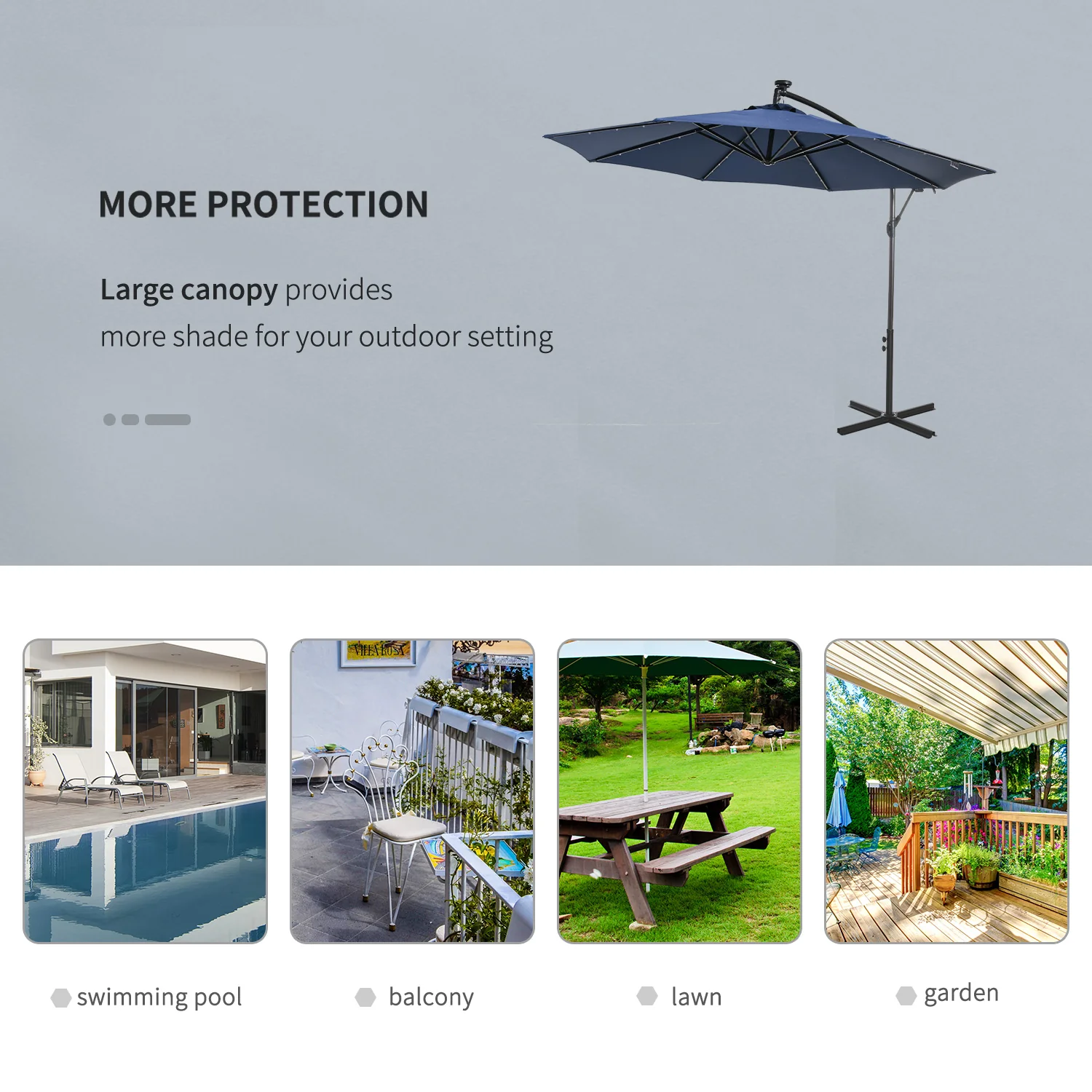 10' Solar Banana Umbrella with Lights & Adjustable Angle, Navy Blue - Image 9