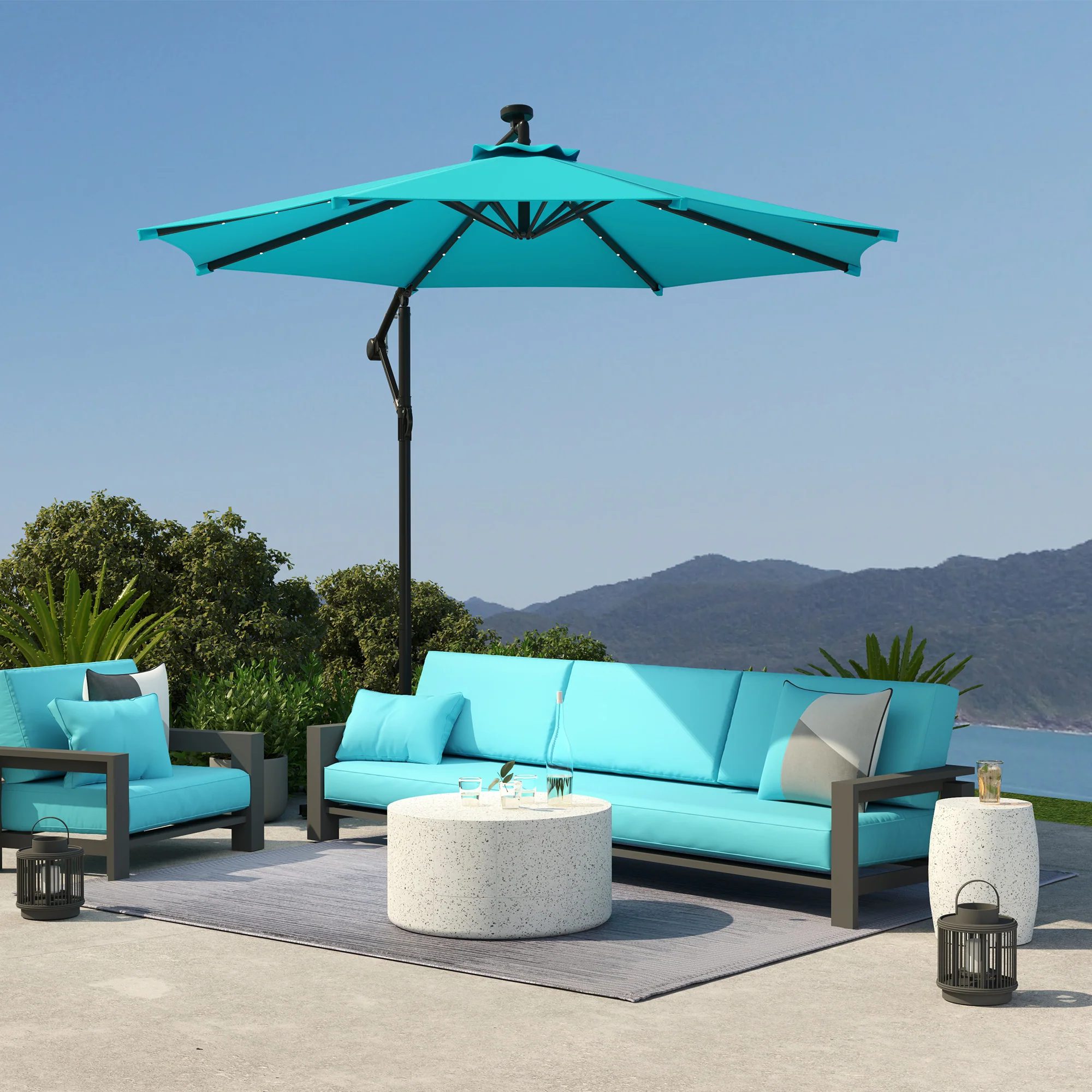 10' Solar Banana Umbrella with Lights & Adjustable Angle, Turquoise - Image 10