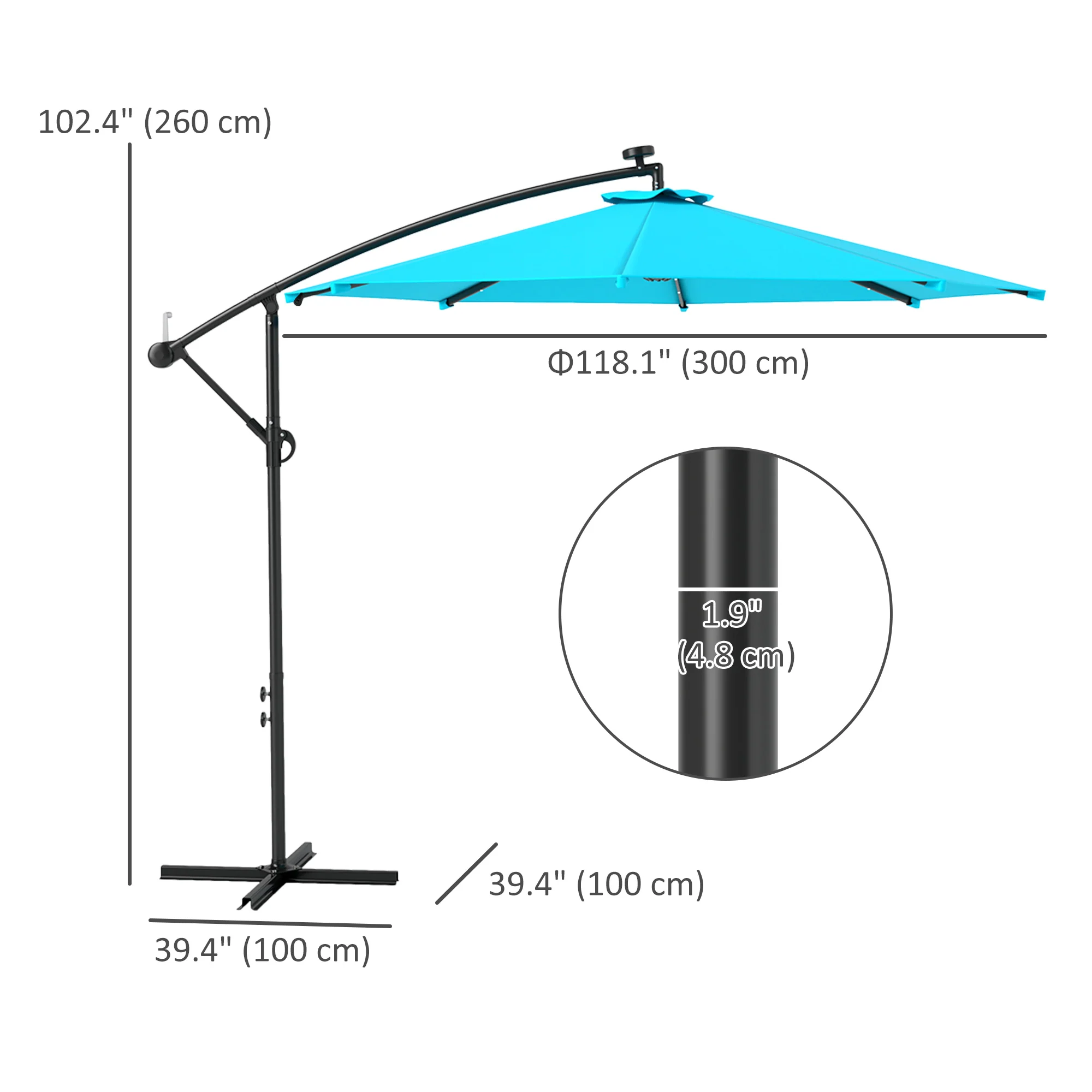 10' Solar Banana Umbrella with Lights & Adjustable Angle, Turquoise - Image 5