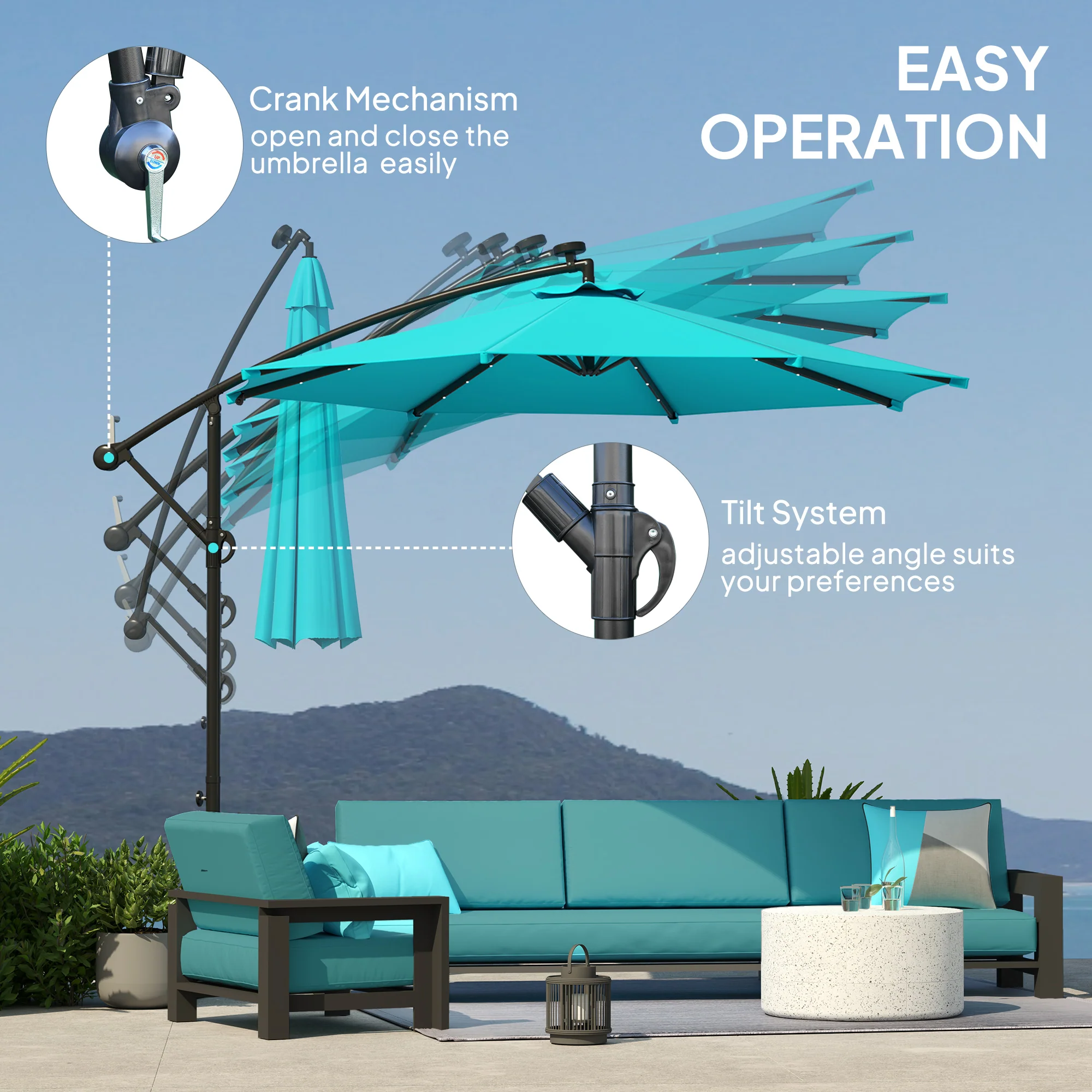 10' Solar Banana Umbrella with Lights & Adjustable Angle, Turquoise - Image 7