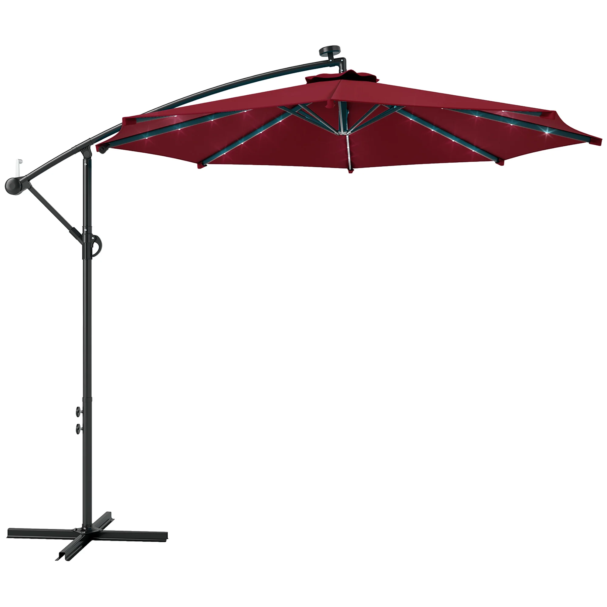 10' Solar Banana Umbrella with Lights & Adjustable Angle, Wine Red