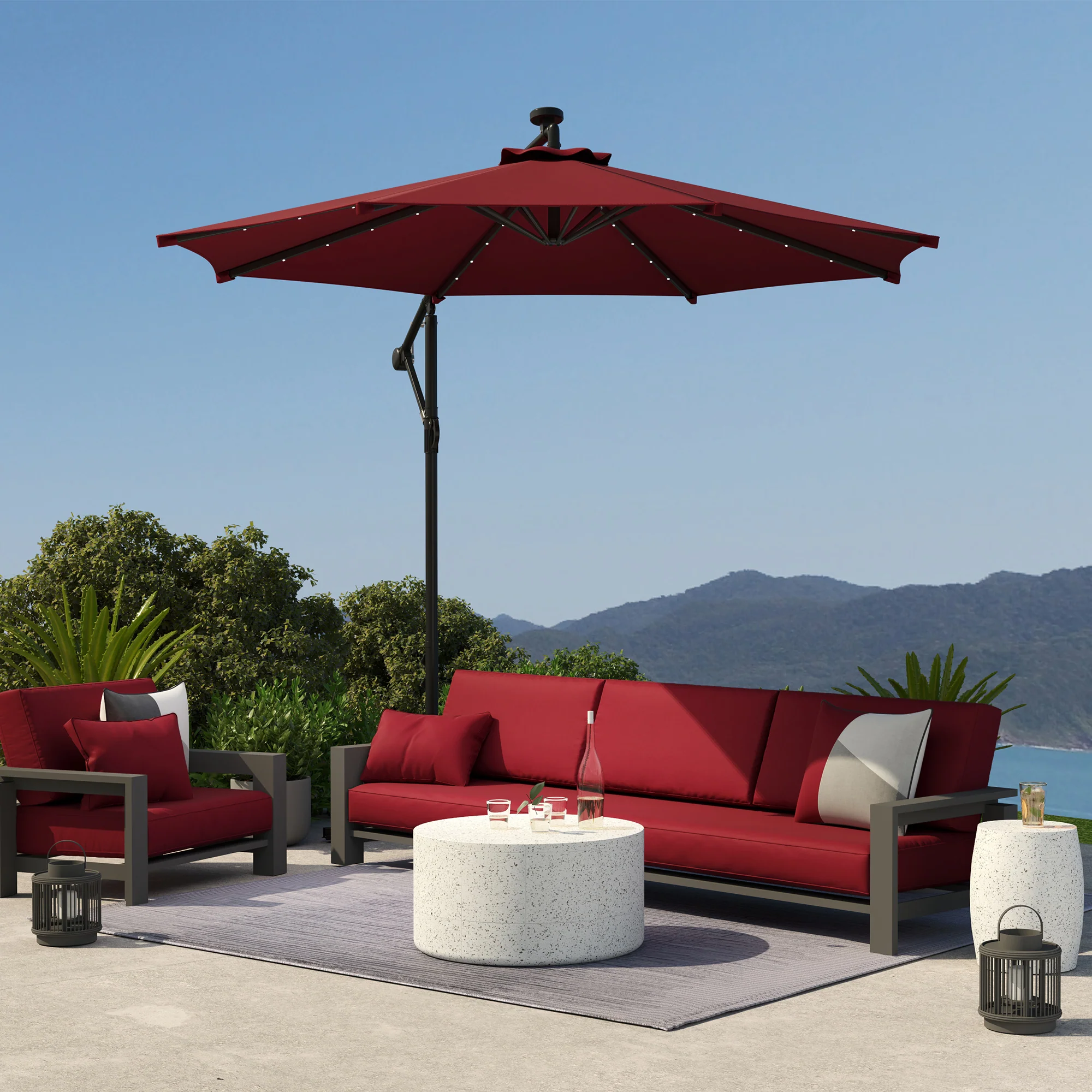 10' Solar Banana Umbrella with Lights & Adjustable Angle, Wine Red - Image 10