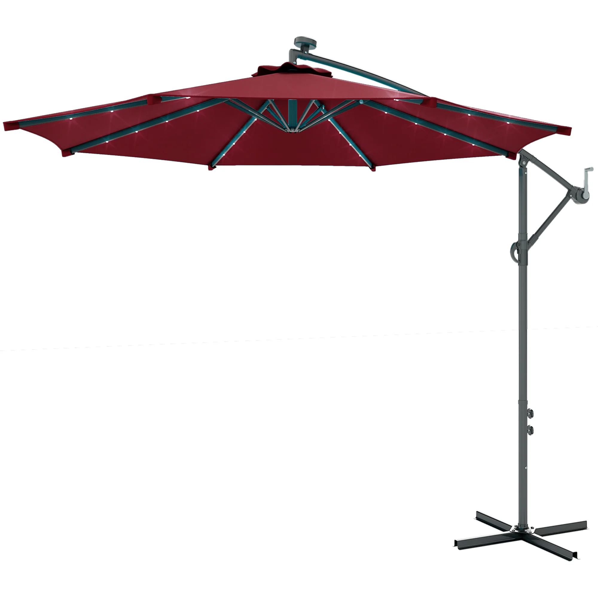 10' Solar Banana Umbrella with Lights & Adjustable Angle, Wine Red - Image 2
