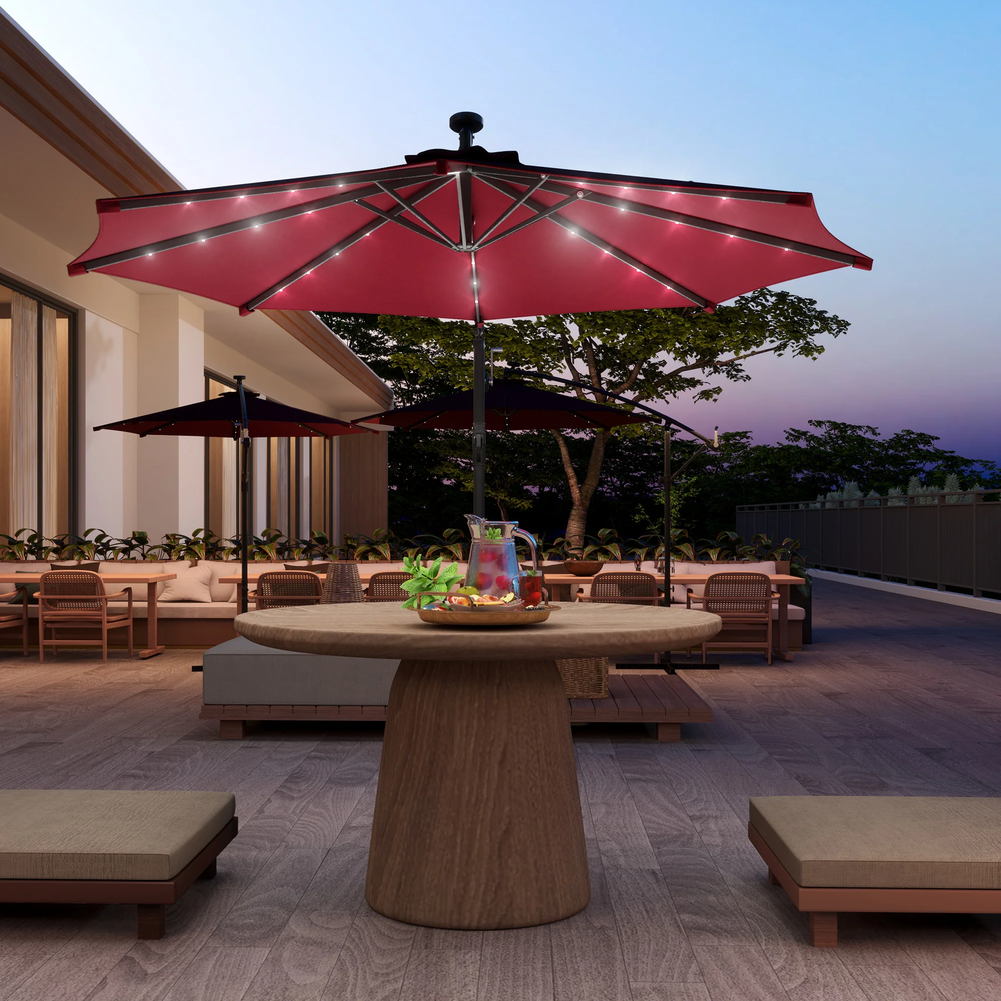 10' Solar Banana Umbrella with Lights & Adjustable Angle, Wine Red - Image 4