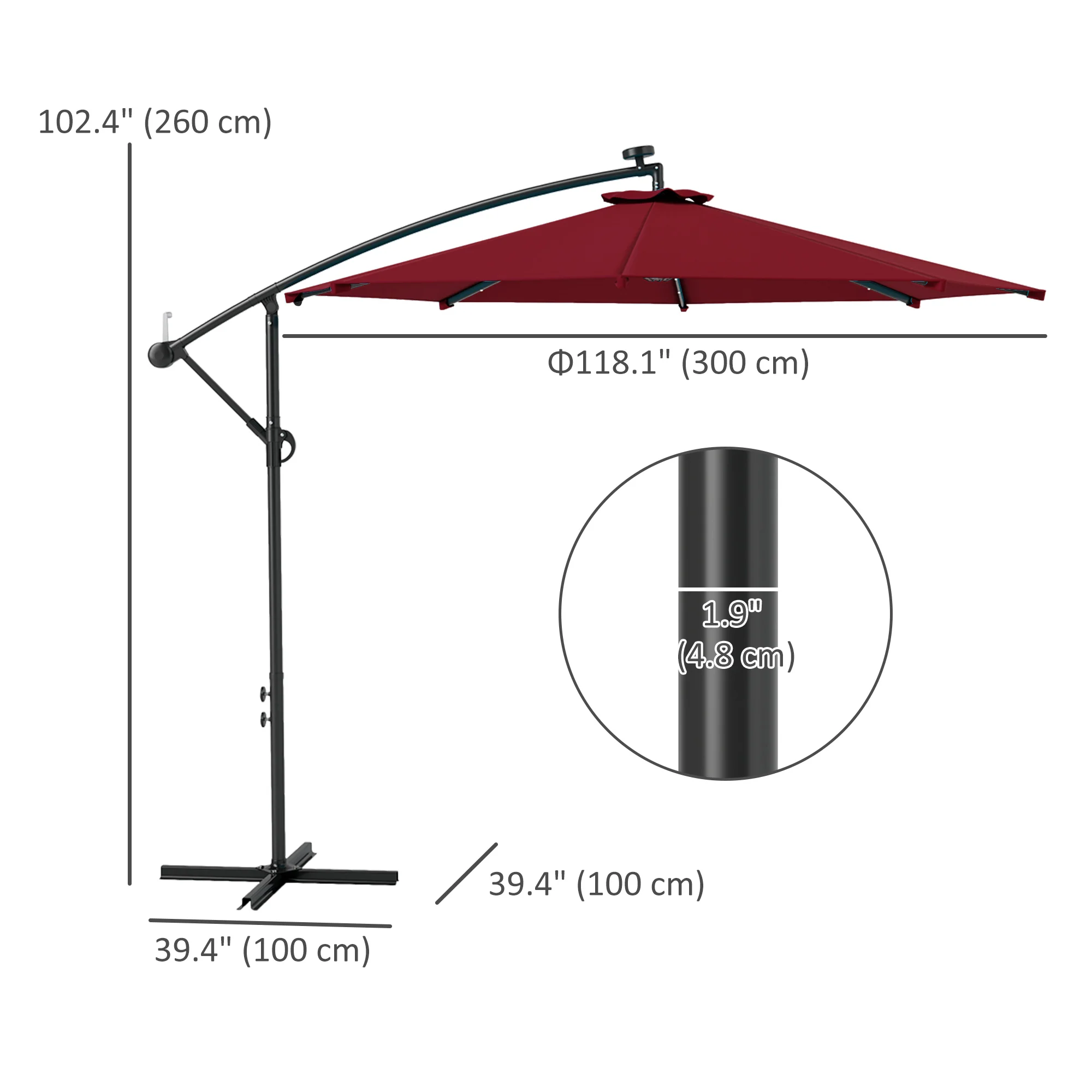 10' Solar Banana Umbrella with Lights & Adjustable Angle, Wine Red - Image 5