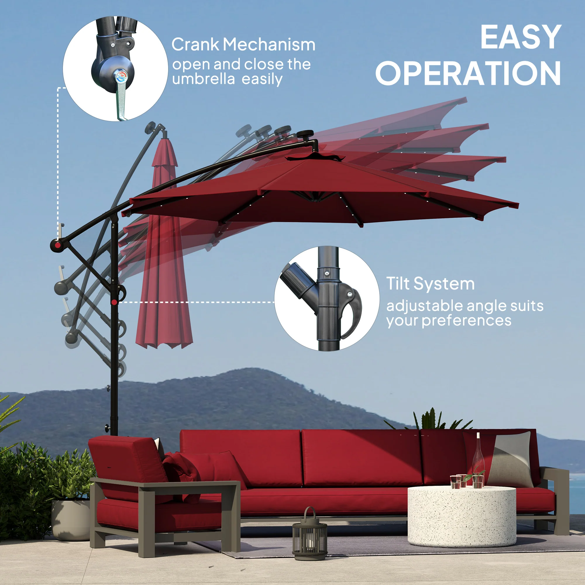 10' Solar Banana Umbrella with Lights & Adjustable Angle, Wine Red - Image 7