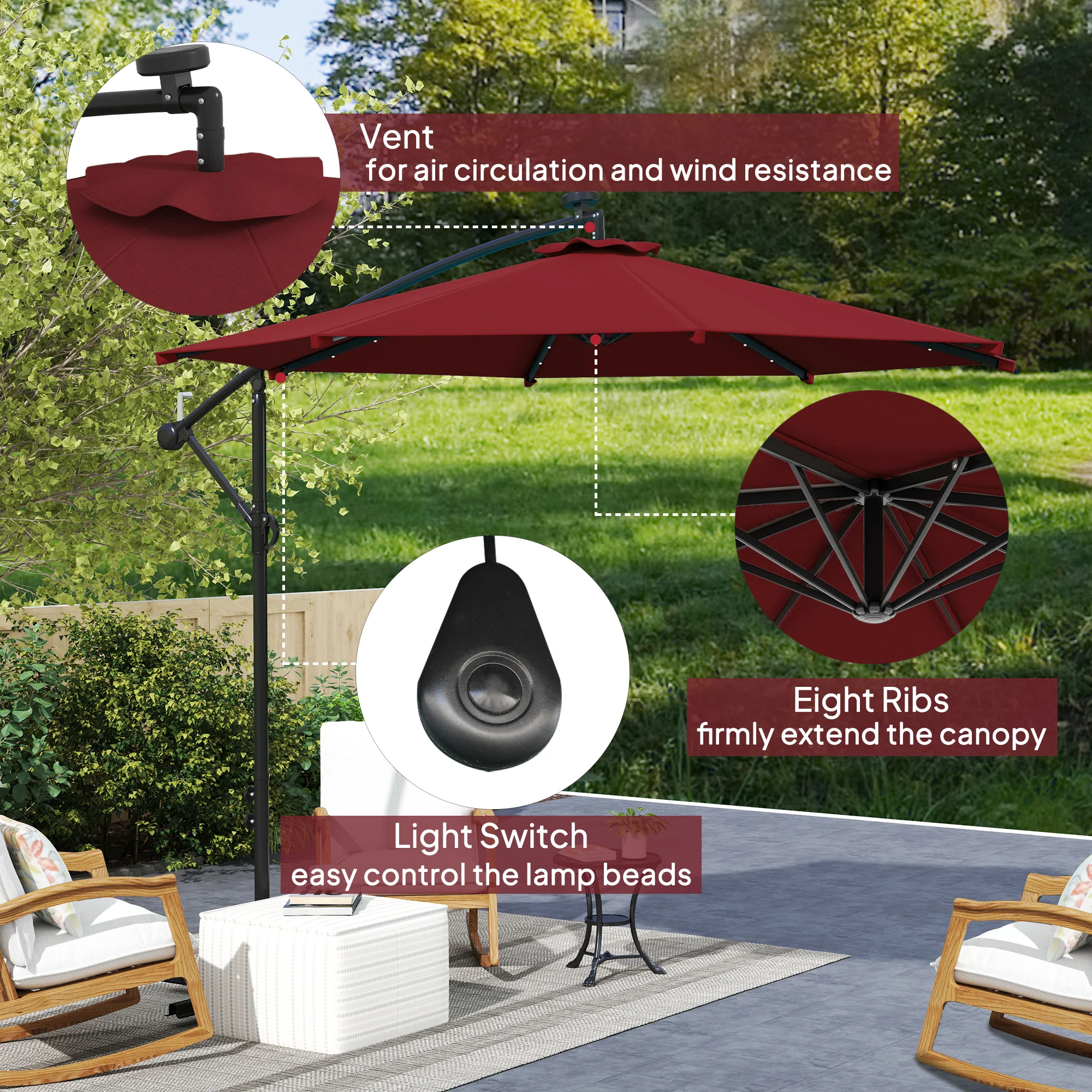 10' Solar Banana Umbrella with Lights & Adjustable Angle, Wine Red - Image 8