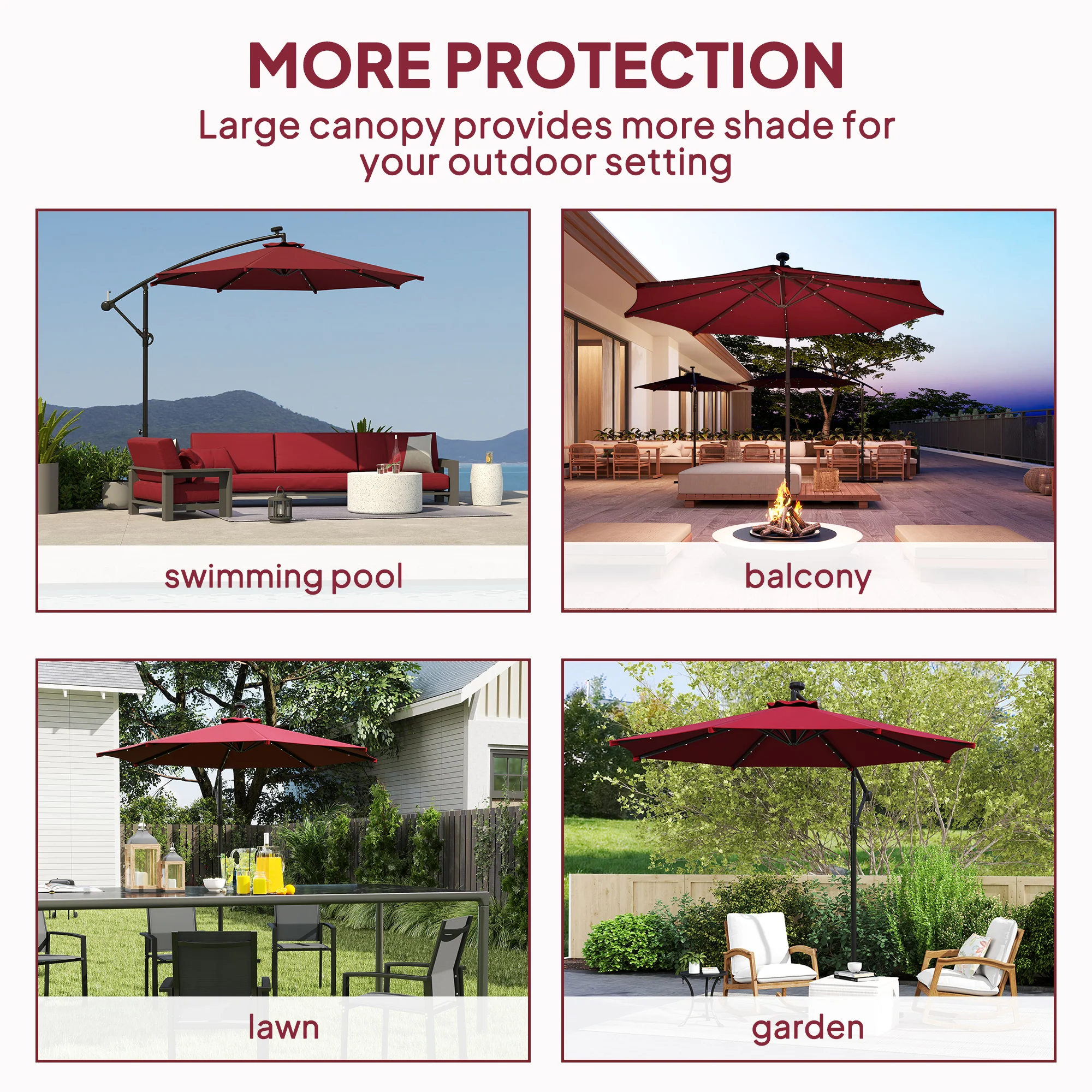 10' Solar Banana Umbrella with Lights & Adjustable Angle, Wine Red - Image 9