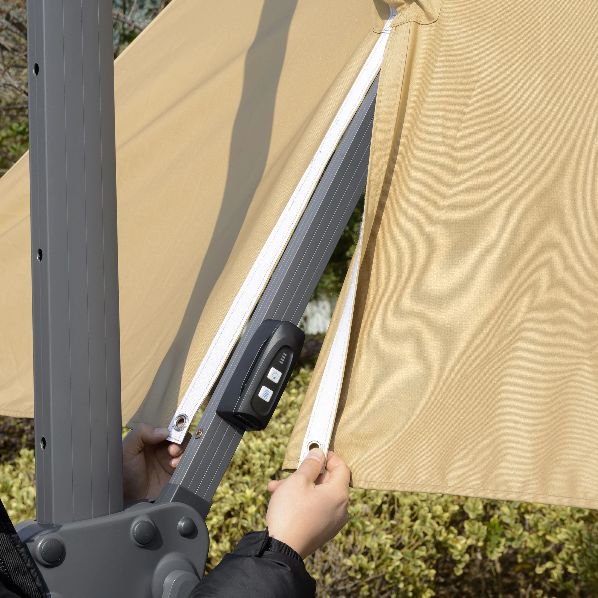 10ft. Solar LED Cantilever Umbrella, Offset Hanging Umbrella with 360° Rotation, Cross Base, 8 Ribs, Tilt and Crank for Yard, Khaki - Image 10
