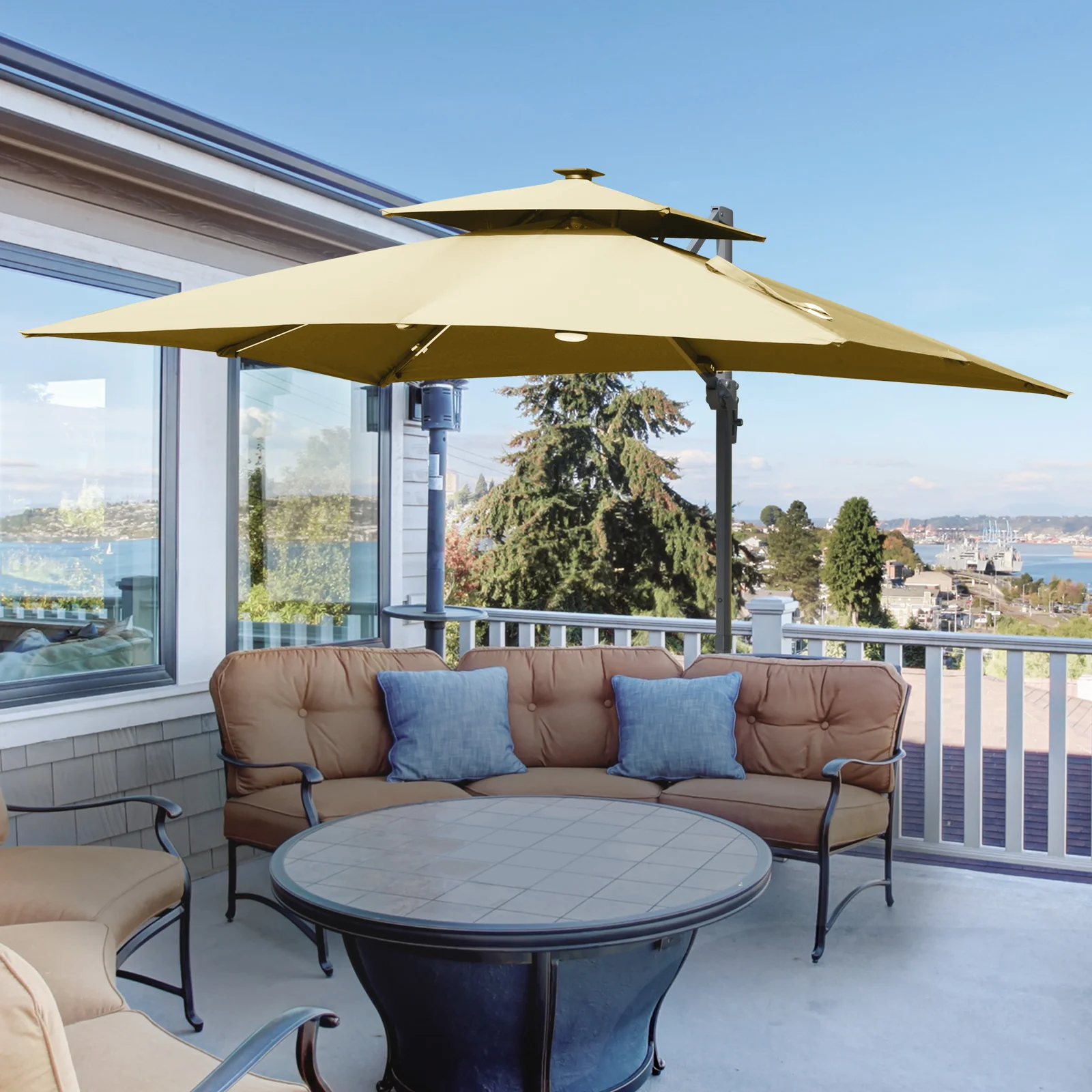 10ft. Solar LED Cantilever Umbrella, Offset Hanging Umbrella with 360° Rotation, Cross Base, 8 Ribs, Tilt and Crank for Yard, Khaki - Image 12