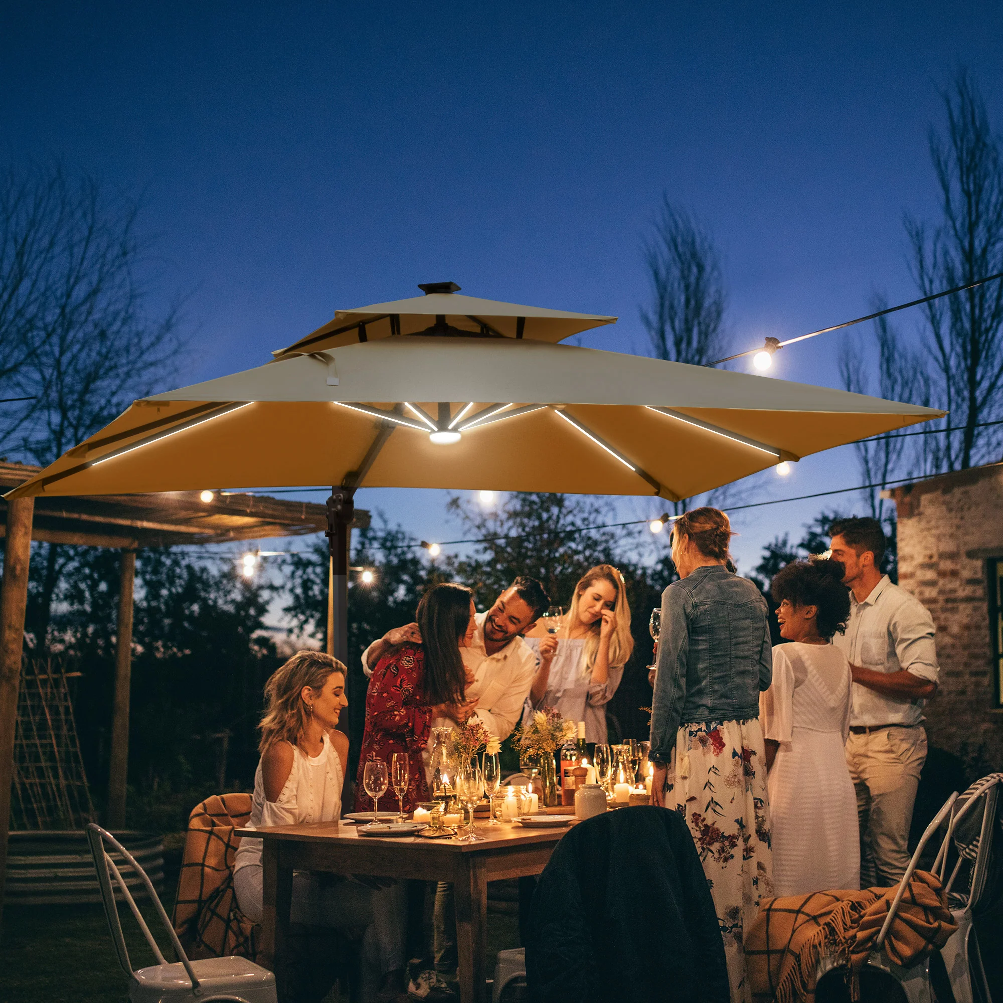 10ft. Solar LED Cantilever Umbrella, Offset Hanging Umbrella with 360° Rotation, Cross Base, 8 Ribs, Tilt and Crank for Yard, Khaki - Image 13