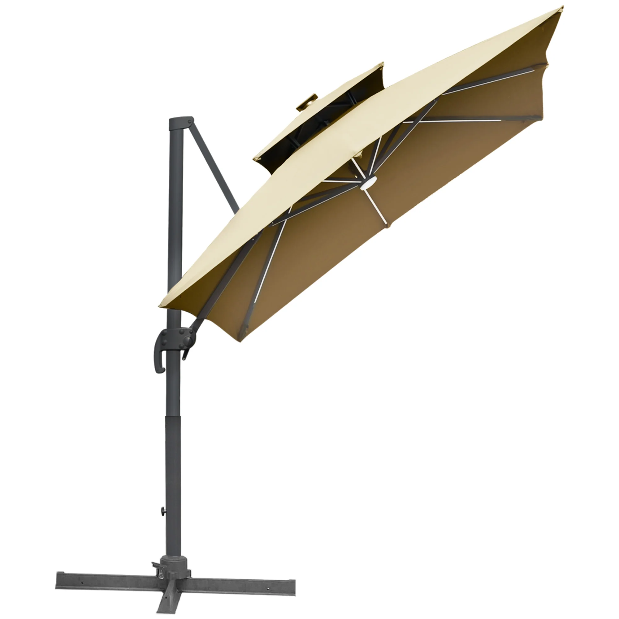 10ft. Solar LED Cantilever Umbrella, Offset Hanging Umbrella with 360° Rotation, Cross Base, 8 Ribs, Tilt and Crank for Yard, Khaki - Image 14
