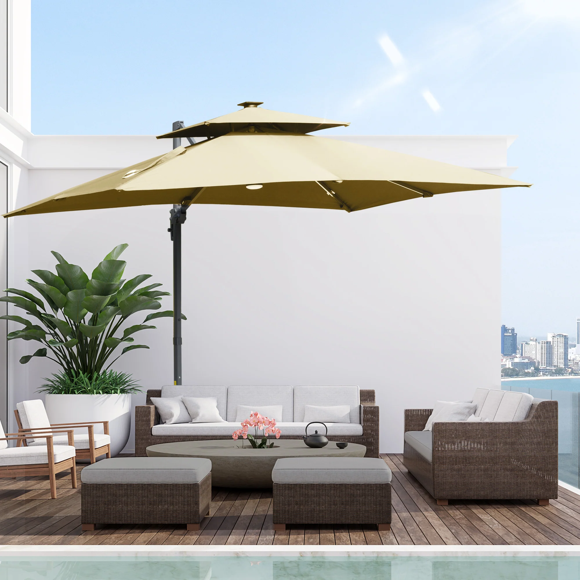 10ft. Solar LED Cantilever Umbrella, Offset Hanging Umbrella with 360° Rotation, Cross Base, 8 Ribs, Tilt and Crank for Yard, Khaki - Image 3