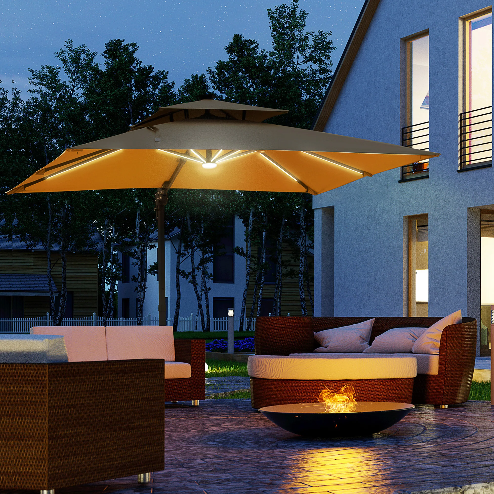 10ft. Solar LED Cantilever Umbrella, Offset Hanging Umbrella with 360° Rotation, Cross Base, 8 Ribs, Tilt and Crank for Yard, Khaki - Image 4