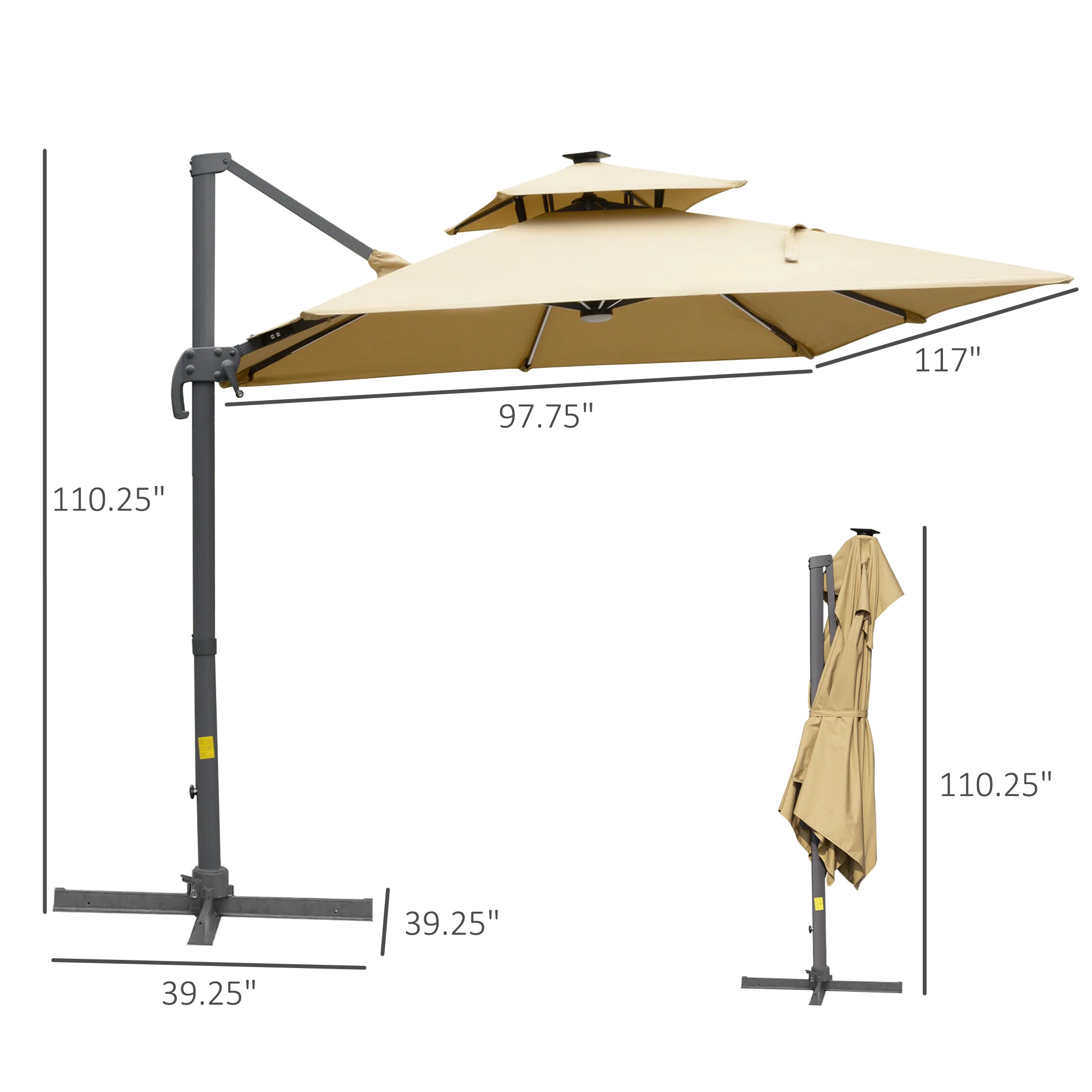 10ft. Solar LED Cantilever Umbrella, Offset Hanging Umbrella with 360° Rotation, Cross Base, 8 Ribs, Tilt and Crank for Yard, Khaki - Image 5