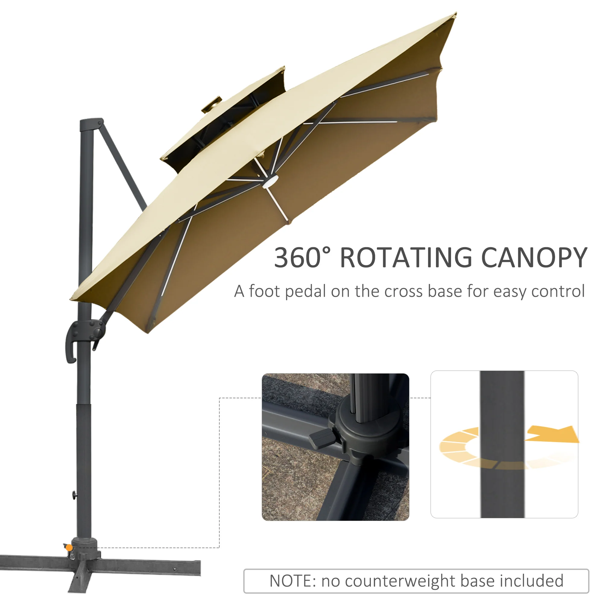 10ft. Solar LED Cantilever Umbrella, Offset Hanging Umbrella with 360° Rotation, Cross Base, 8 Ribs, Tilt and Crank for Yard, Khaki - Image 6