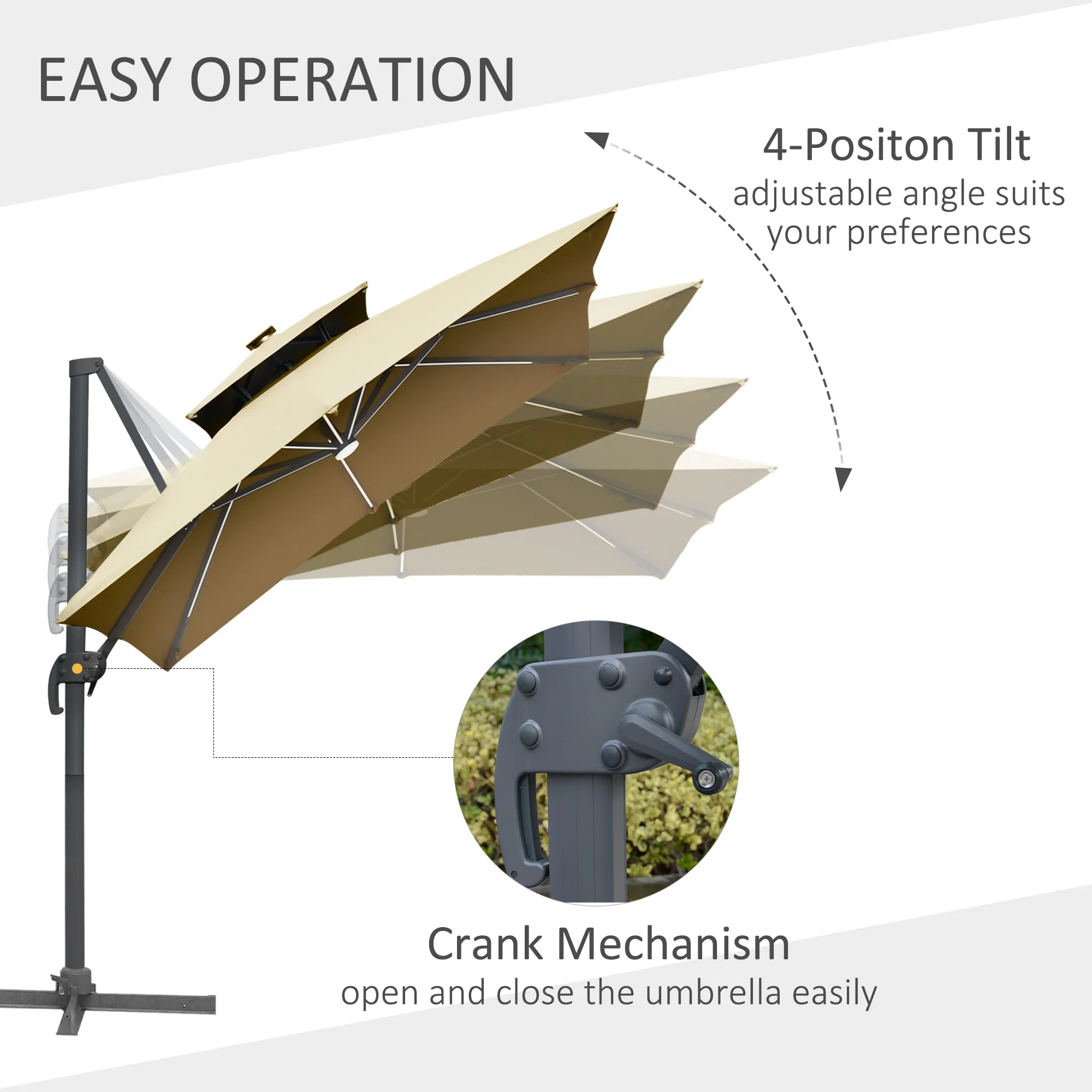 10ft. Solar LED Cantilever Umbrella, Offset Hanging Umbrella with 360° Rotation, Cross Base, 8 Ribs, Tilt and Crank for Yard, Khaki - Image 7