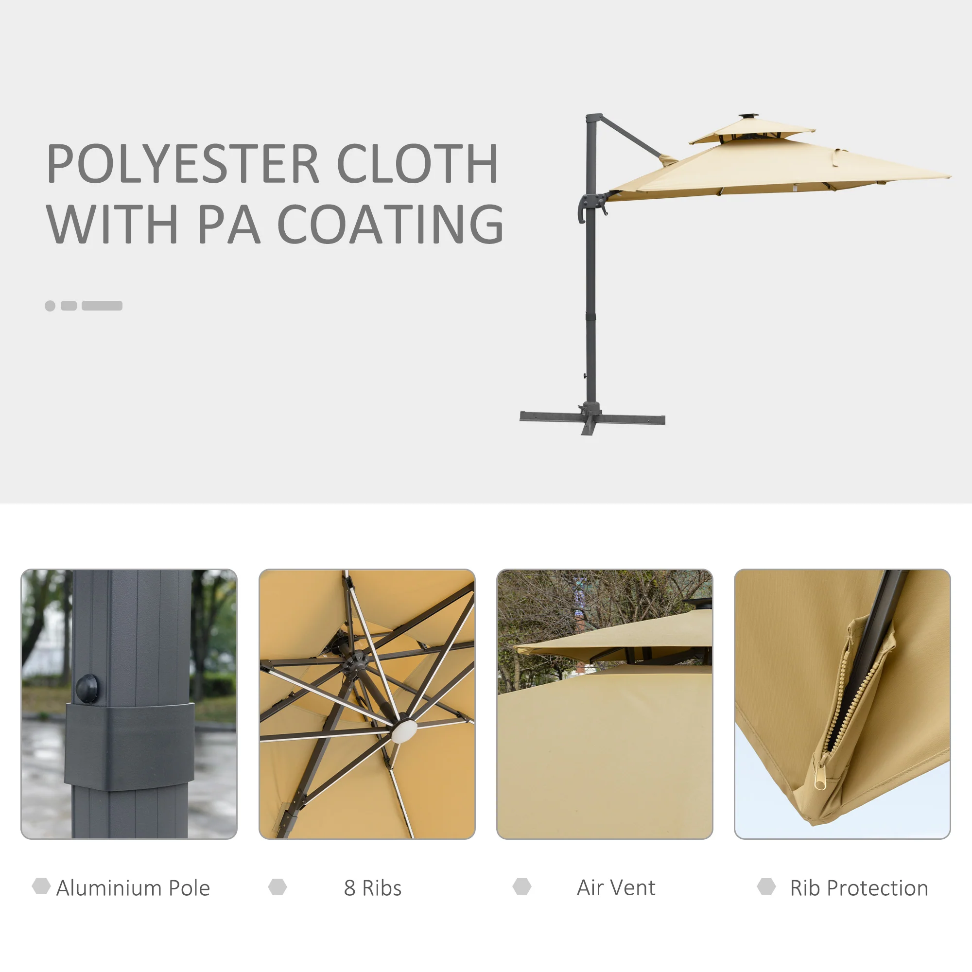 10ft. Solar LED Cantilever Umbrella, Offset Hanging Umbrella with 360° Rotation, Cross Base, 8 Ribs, Tilt and Crank for Yard, Khaki - Image 8