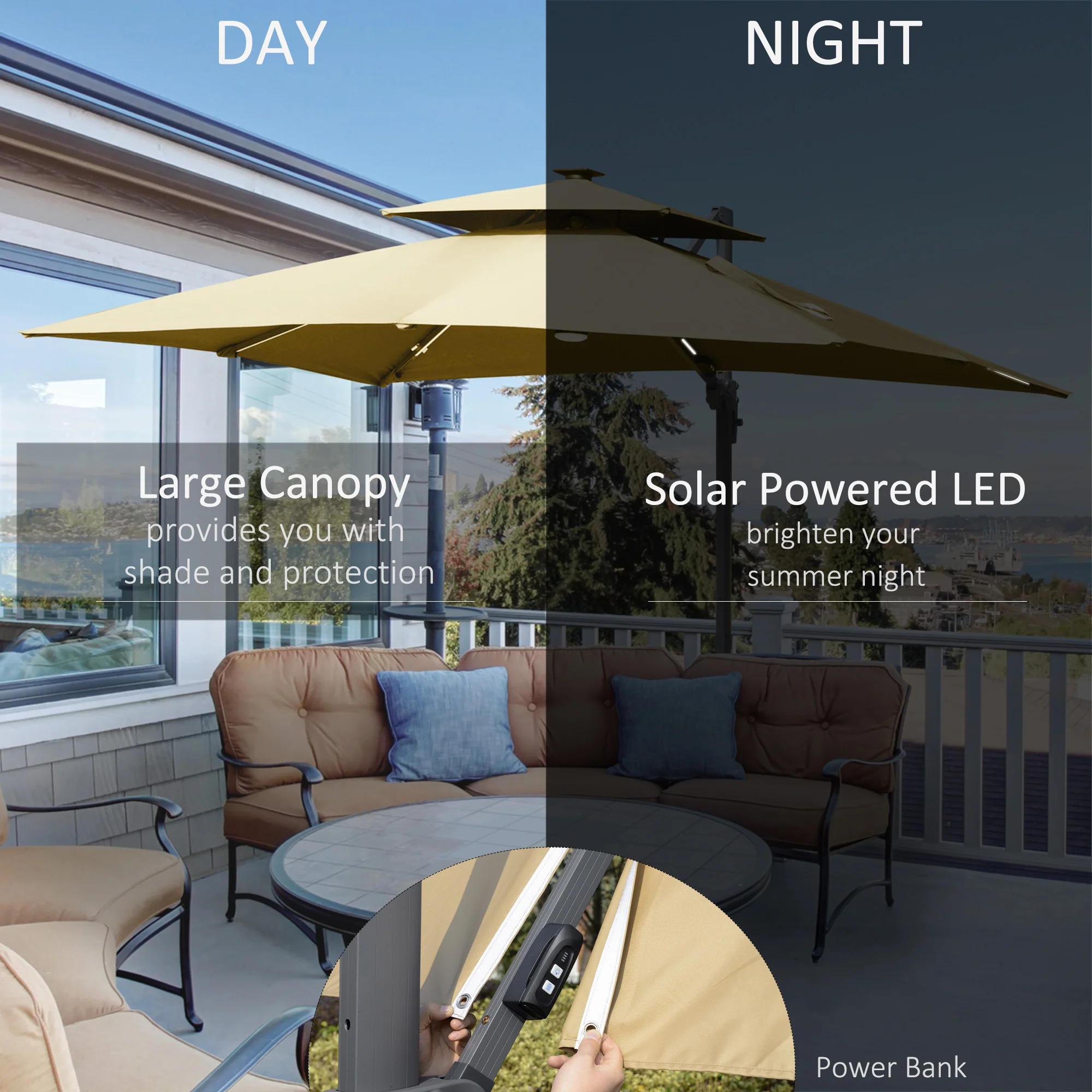 10ft. Solar LED Cantilever Umbrella, Offset Hanging Umbrella with 360° Rotation, Cross Base, 8 Ribs, Tilt and Crank for Yard, Khaki - Image 9