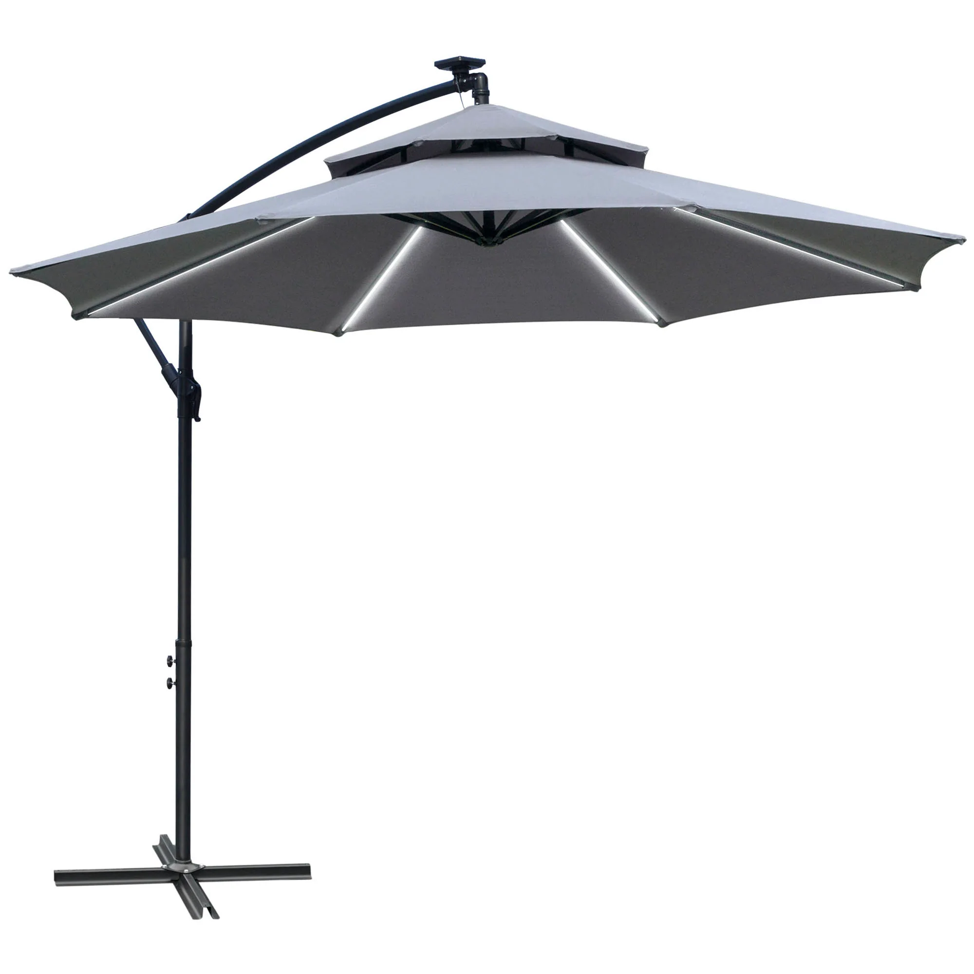 10' Solar Cantilever Umbrella with LED Lights, Grey - Image 2