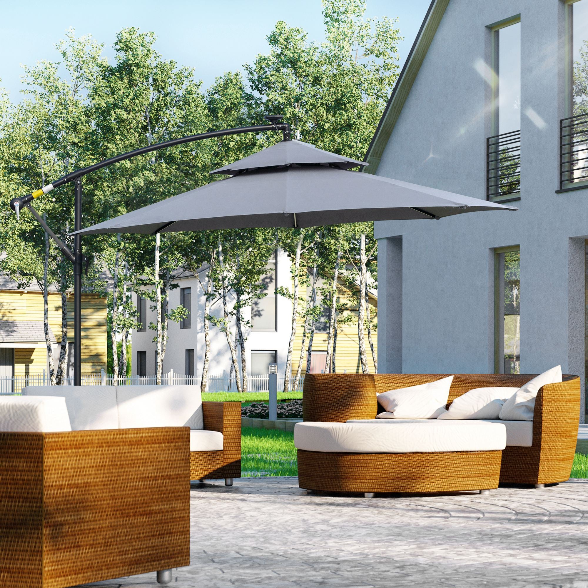 10' Solar Cantilever Umbrella with LED Lights, Grey - Image 3