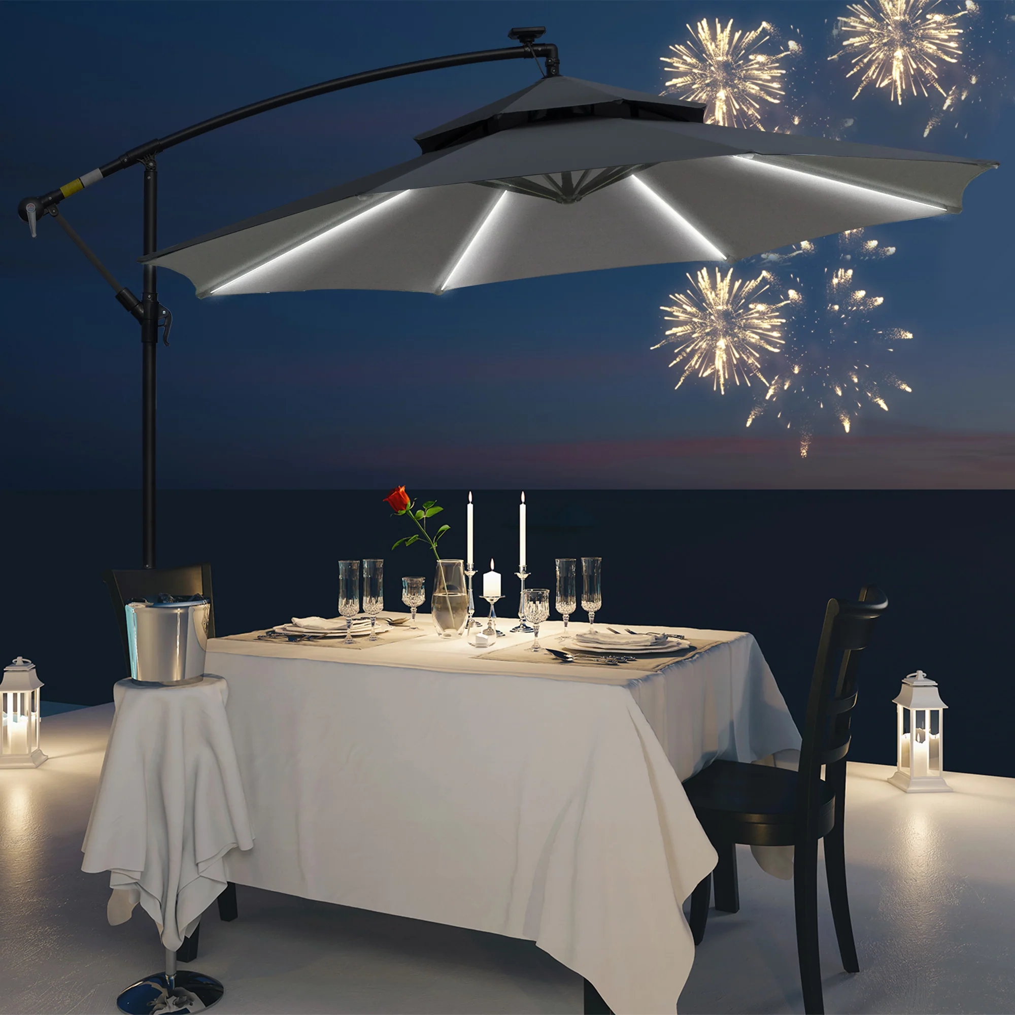 10' Solar Cantilever Umbrella with LED Lights, Grey - Image 4