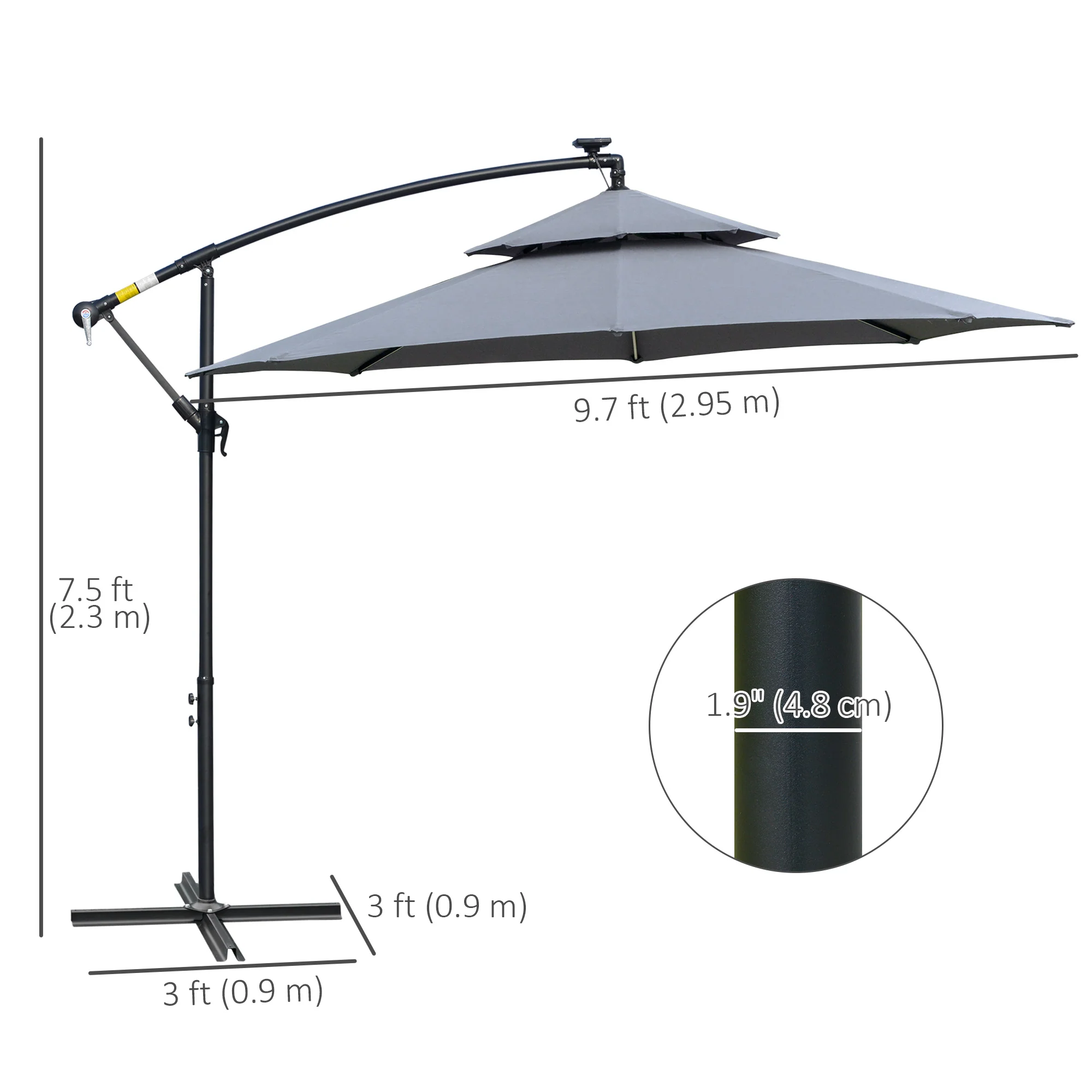10' Solar Cantilever Umbrella with LED Lights, Grey - Image 5