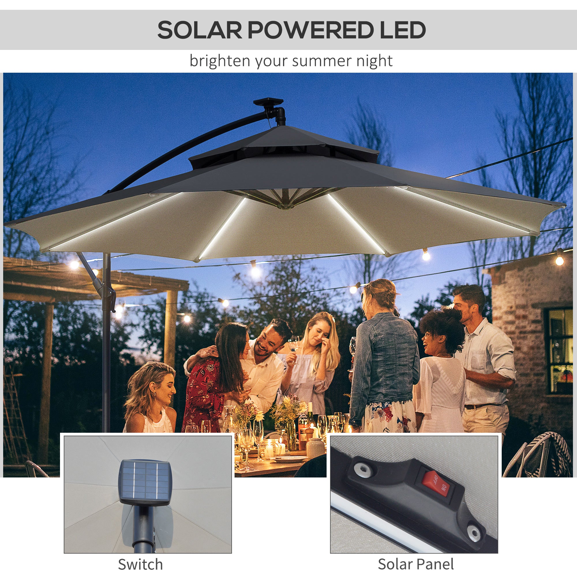 10' Solar Cantilever Umbrella with LED Lights, Grey - Image 6