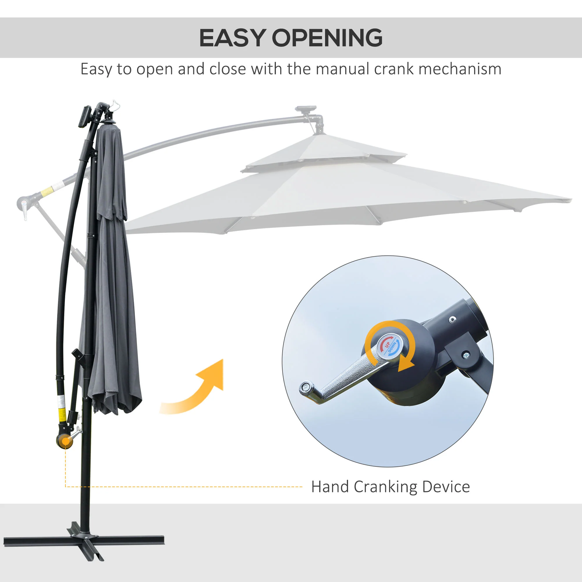 10' Solar Cantilever Umbrella with LED Lights, Grey - Image 7