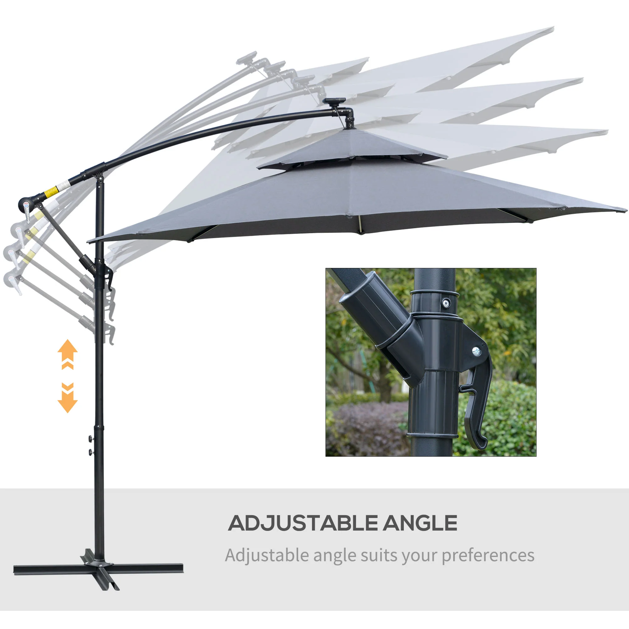 10' Solar Cantilever Umbrella with LED Lights, Grey - Image 8