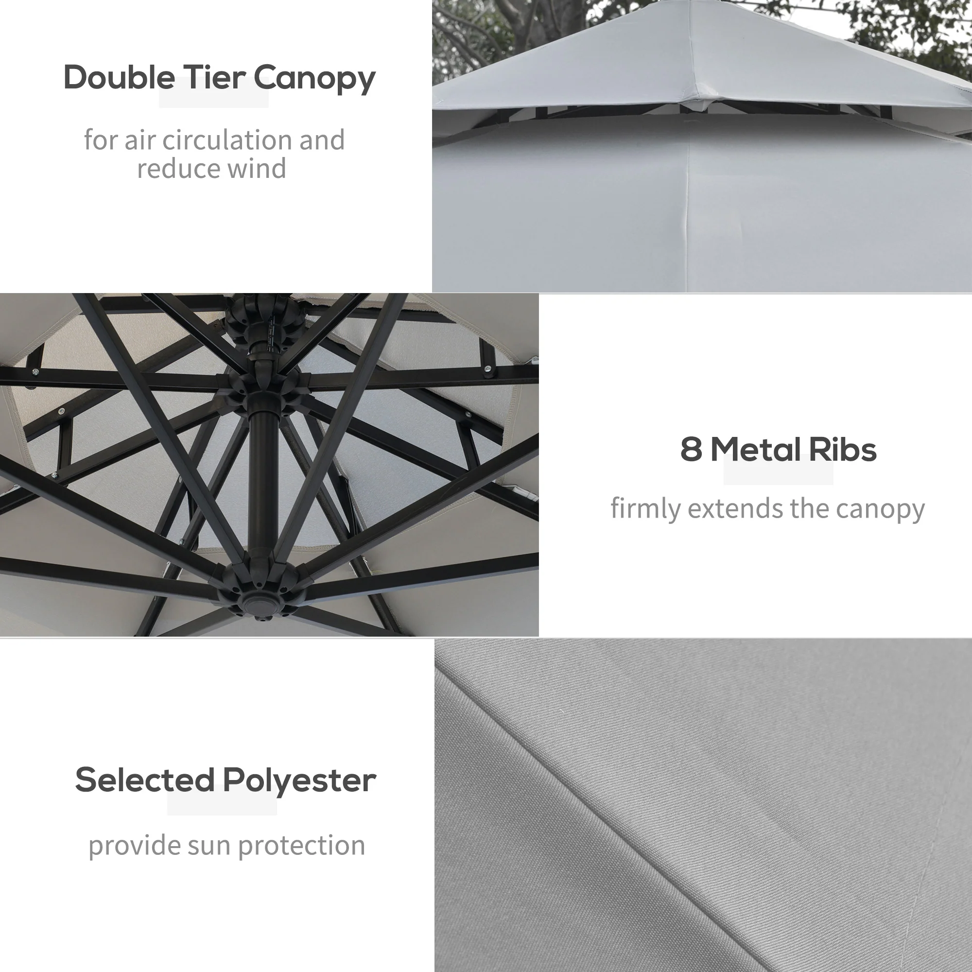 10' Solar Cantilever Umbrella with LED Lights, Light Grey - Image 7